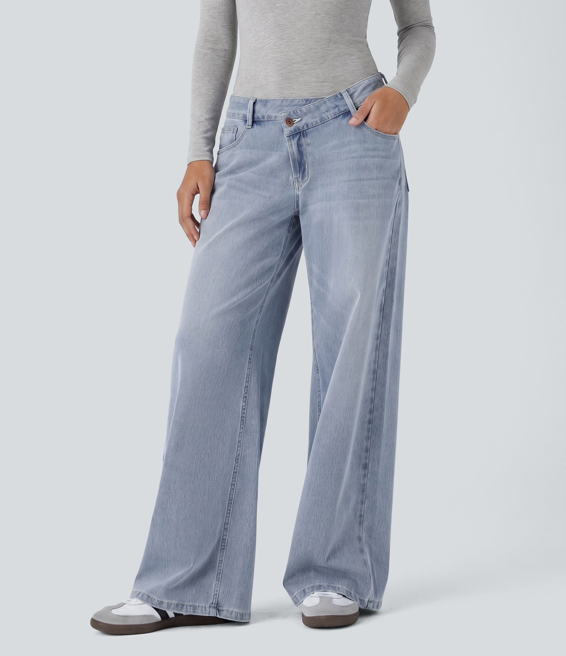 Halara Flex™ Asymmetric Low Rise Zipper Pockets Baggy Wide Leg Washed Casual Jeans