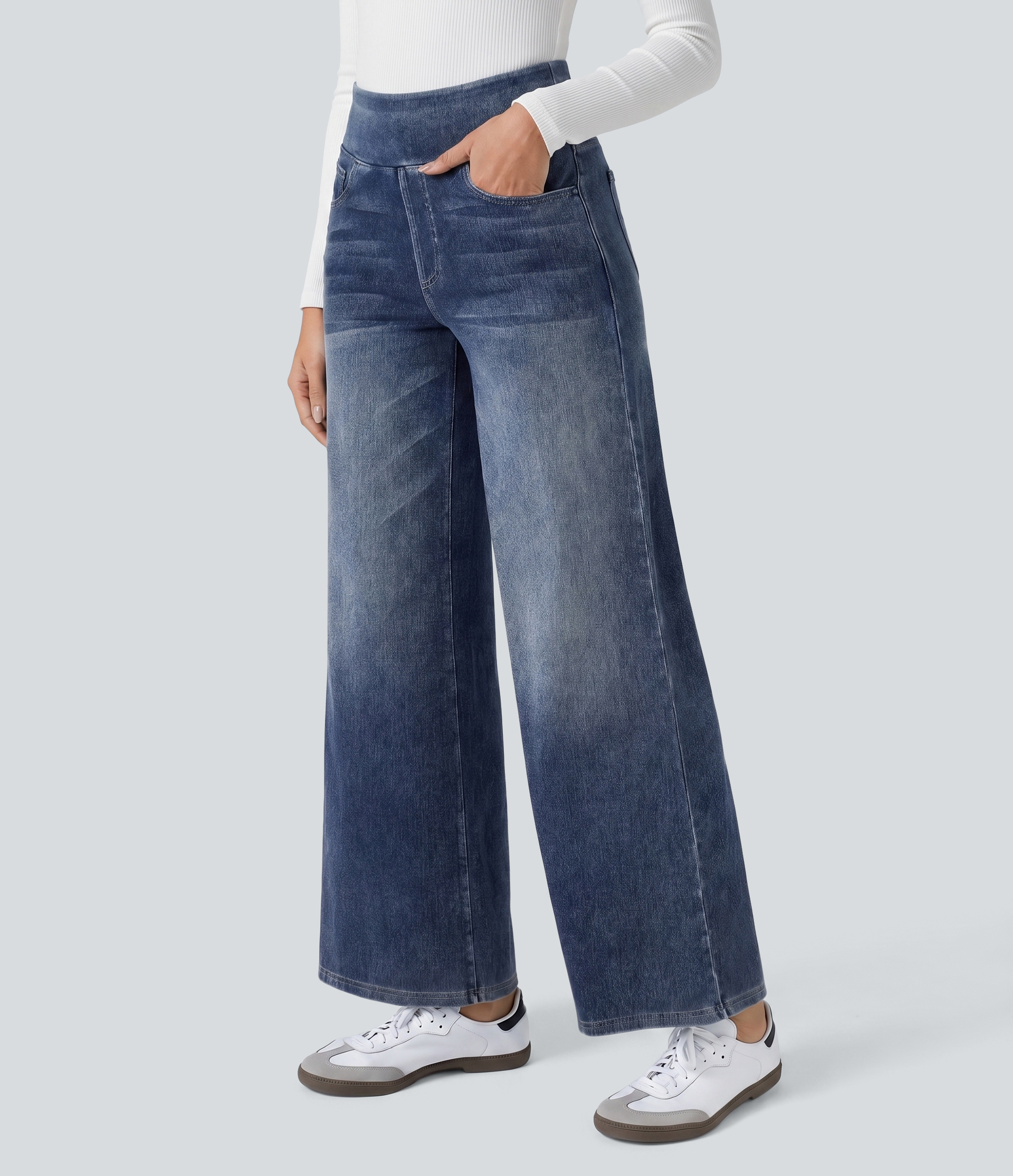 Halara Flex™ High Waisted Pockets Baggy Wide Leg Washed Casual Jeans