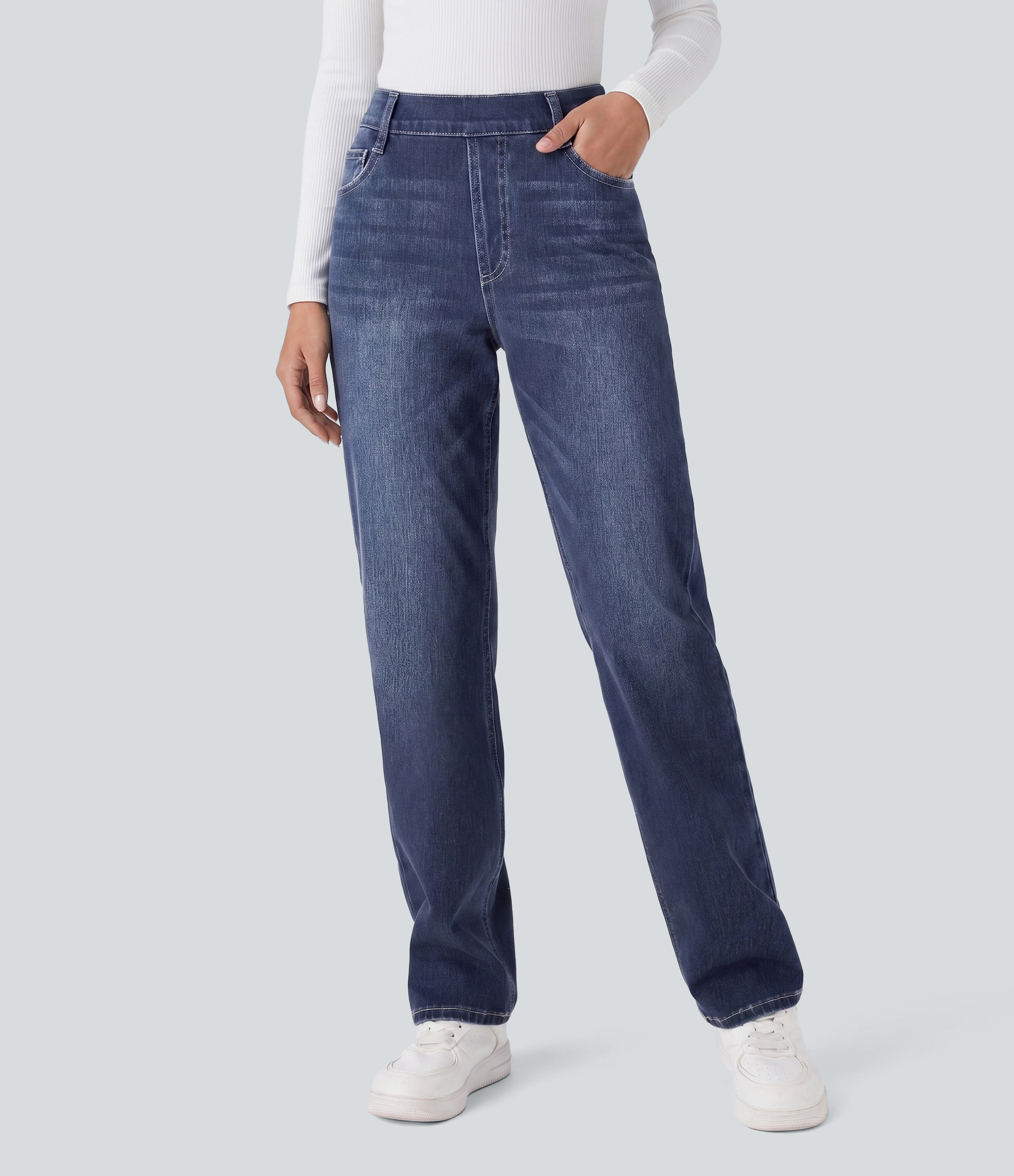 Halara Flex™ High Waisted Pockets Straight Leg Washed Casual Jeans