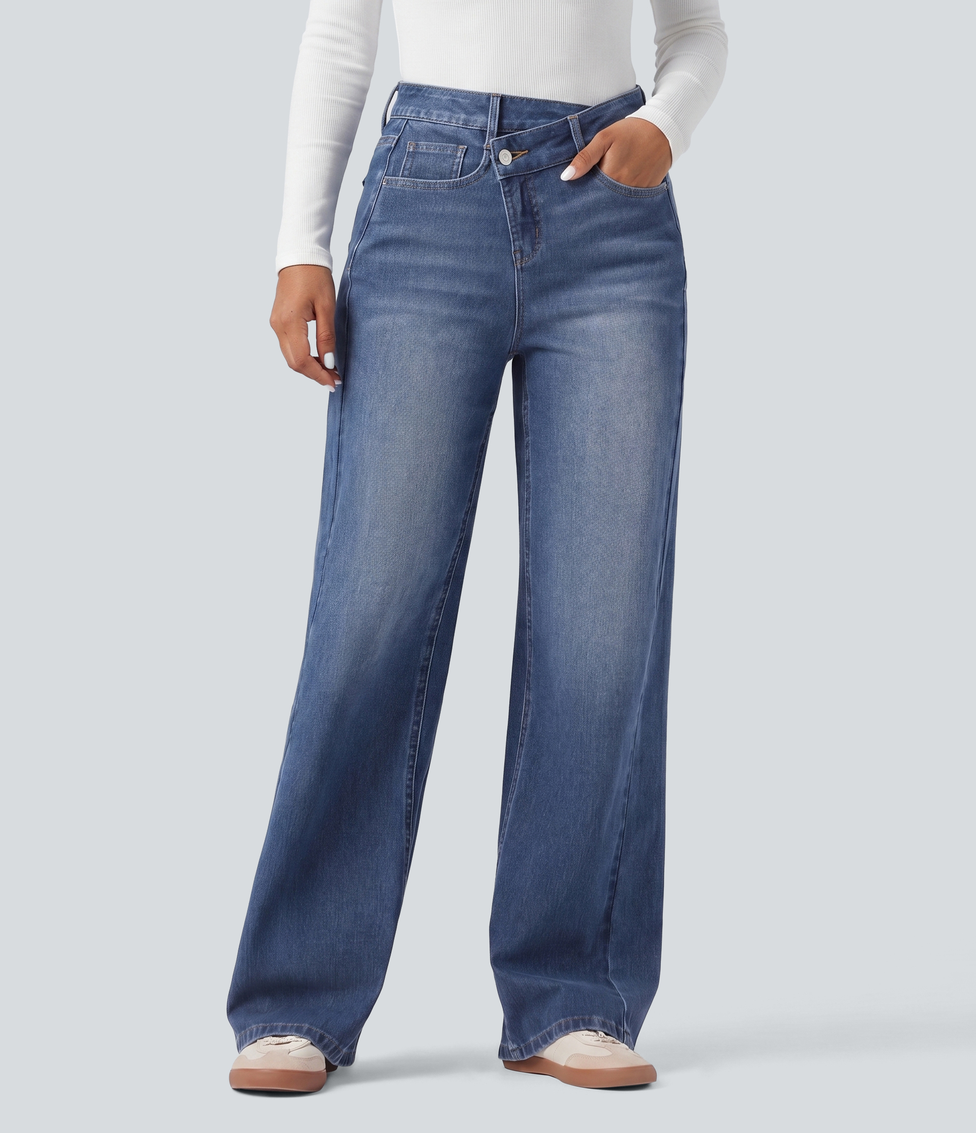 Halara Flex™ Asymmetric High Waisted Washed Casual Baggy Jeans with Pockets