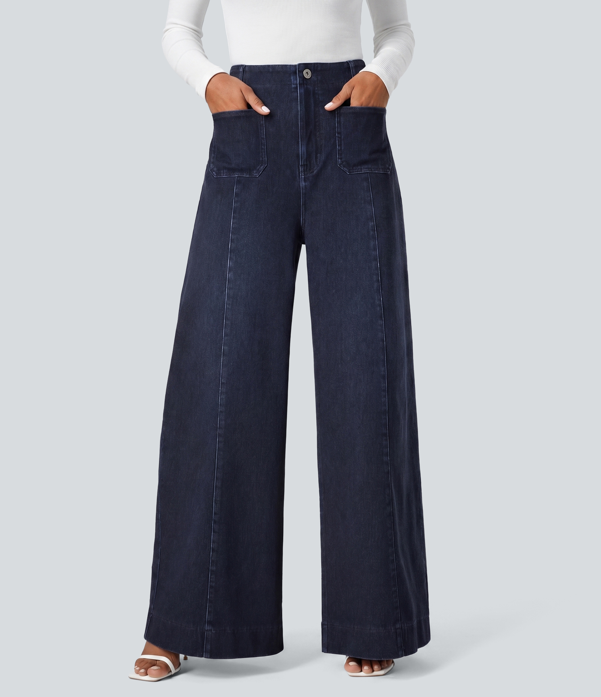Halara Flex™ High Waisted Pockets Washed Casual Wide Leg Jeans