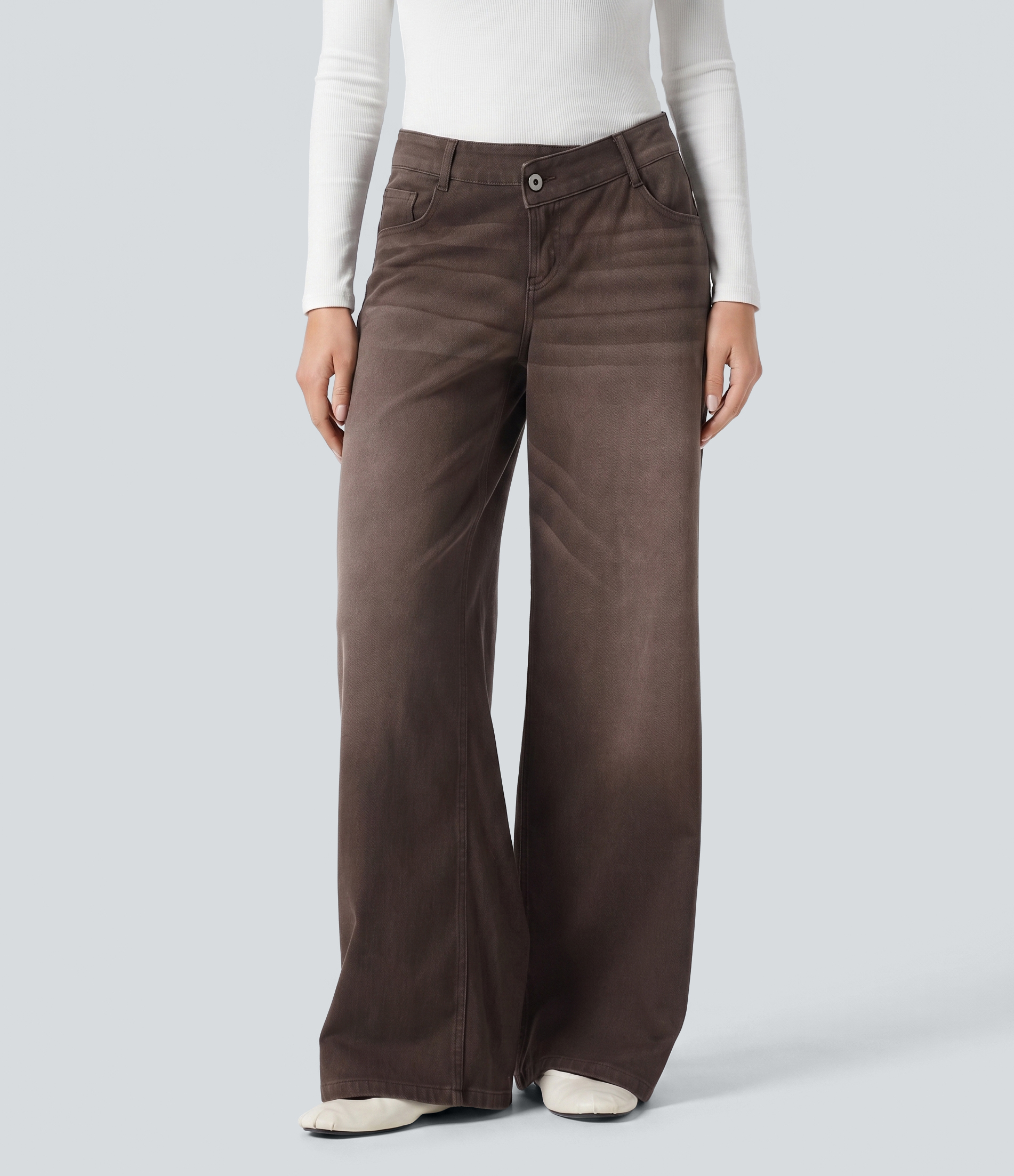 Halara Flex™ Asymmetric Low Rise Wide Leg Colorful Washed Casual Jeans with Pockets
