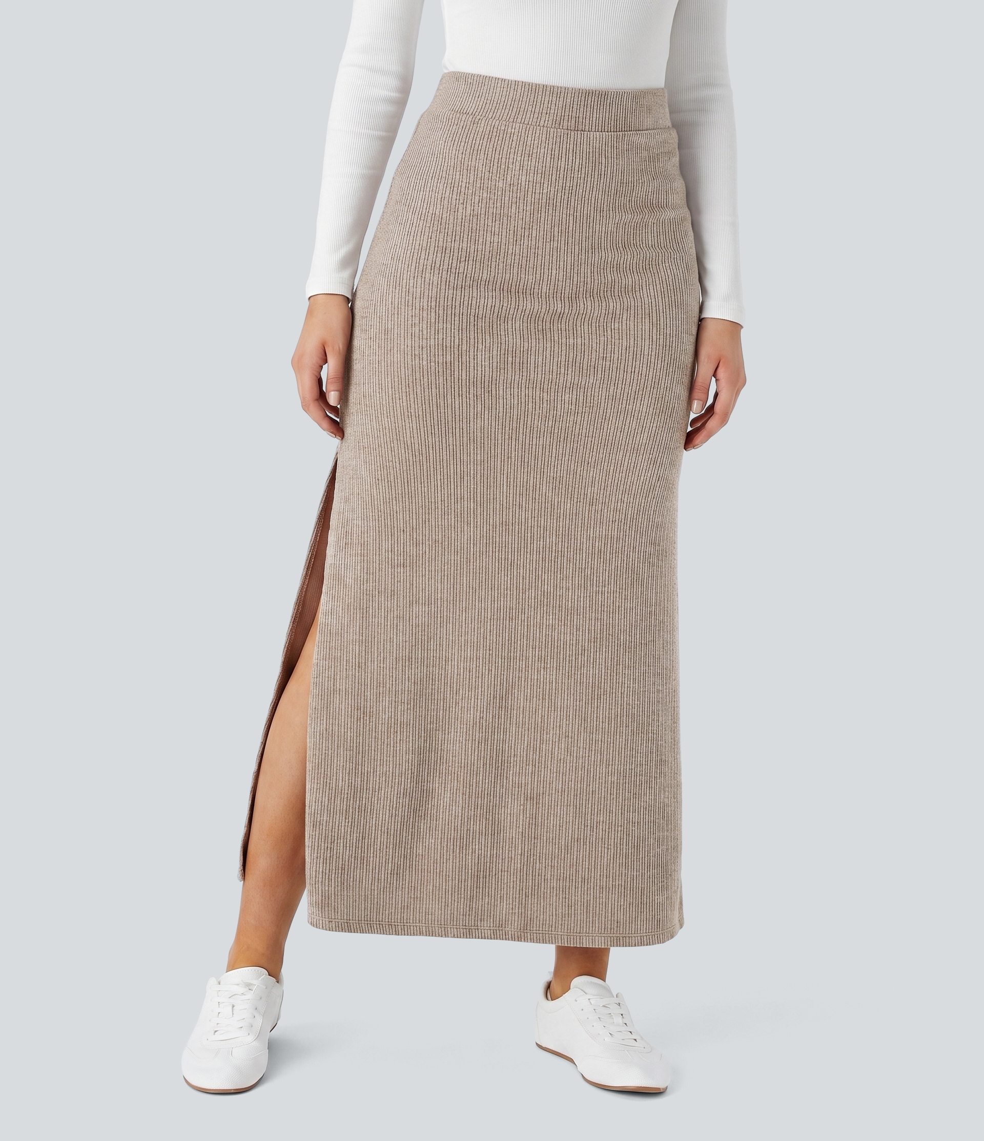 Ribbed High Waisted Hem A Line Maxi Casual Skirt