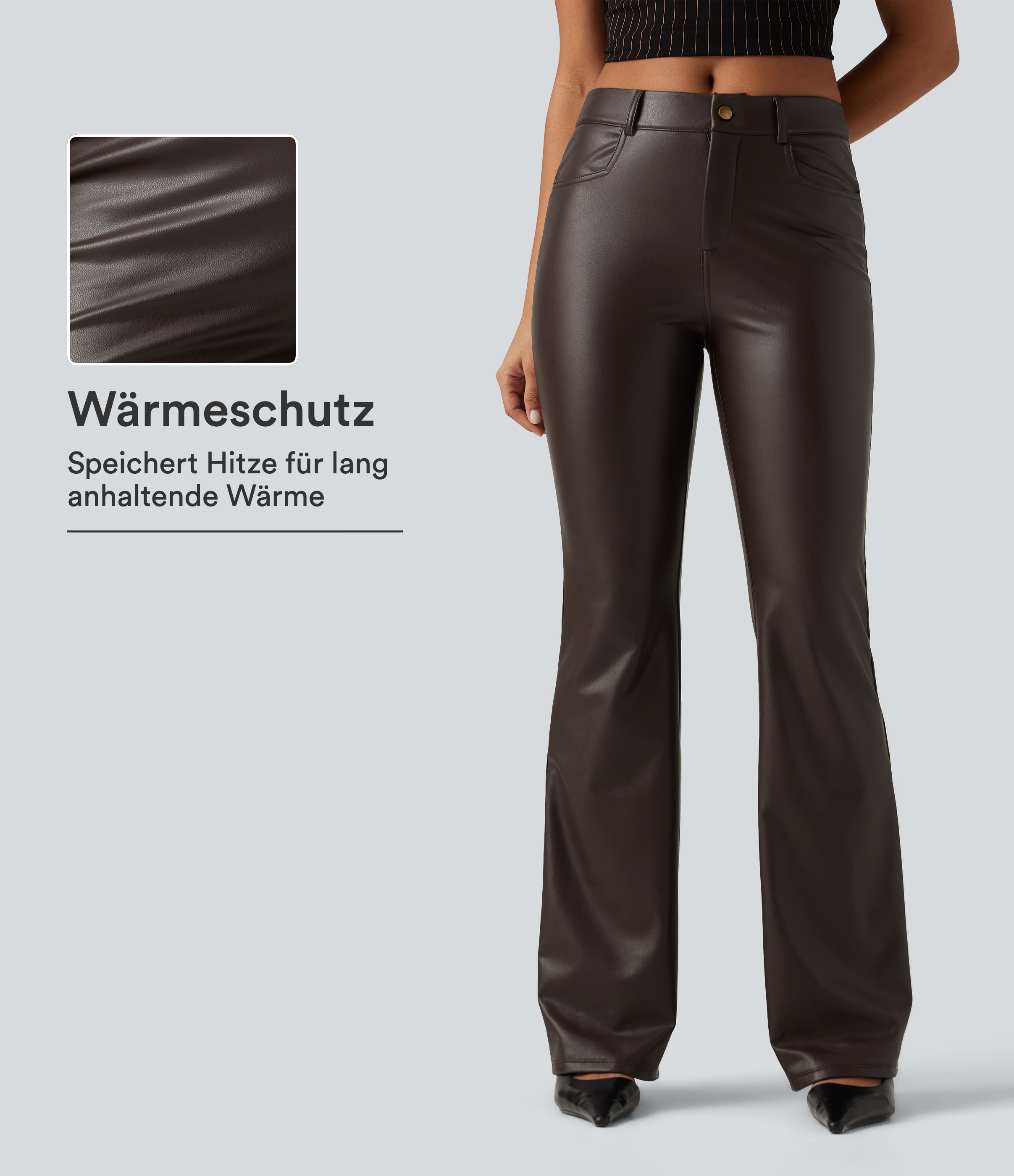 Lässige Fleece-Bootcut-Hose aus elastischem Kunstleder mit mittelhohem Bund und mehreren Taschen