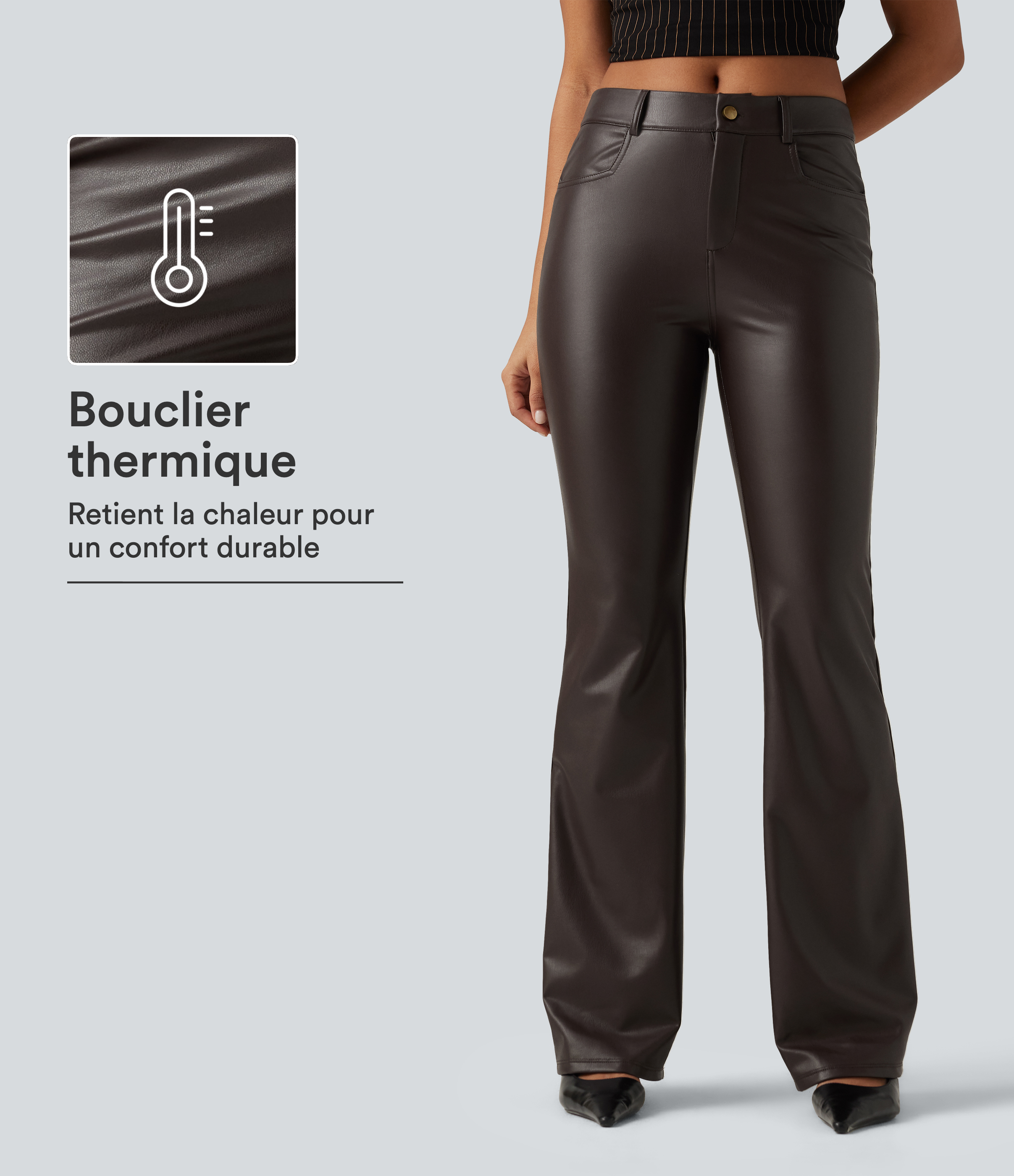 Pantalon bootcut en simili stretch doublé polaire à taille mi-haute avec poches