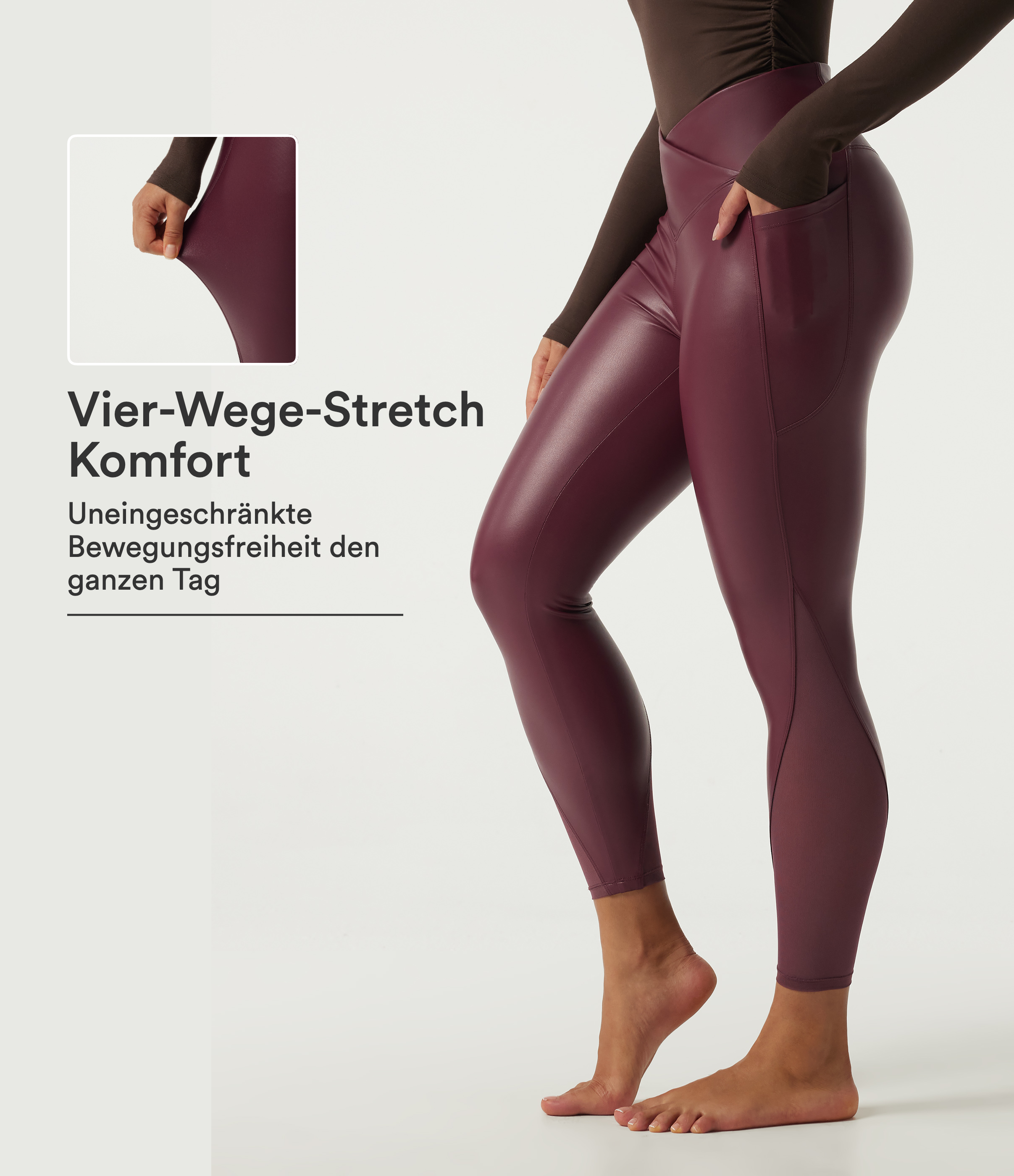 Berrywood Red Lässige Leggings aus elastischem Kunstleder mit hohem Crossover-Bund, Seitentaschen und Kontrast-Mesh / 1
