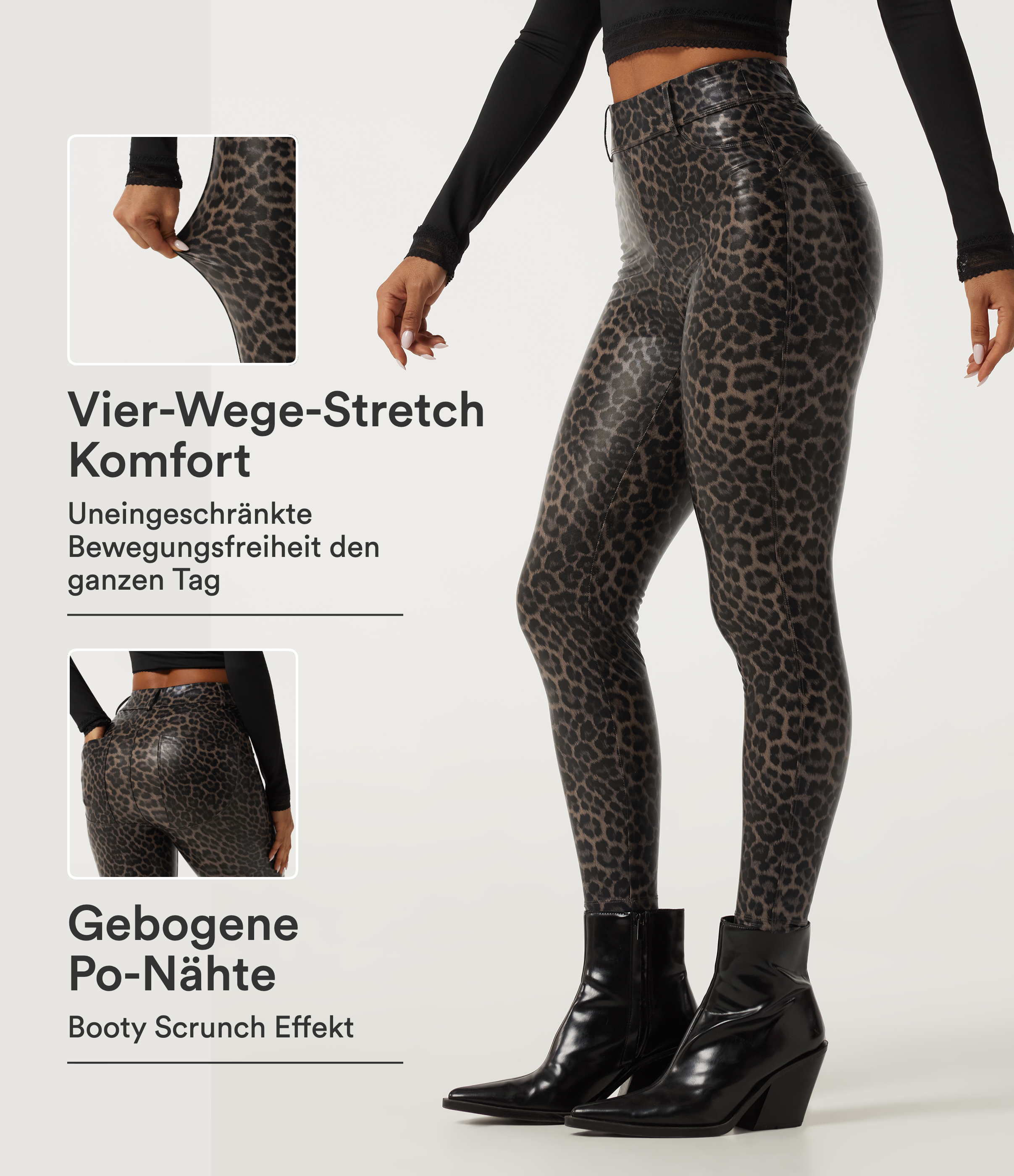 Cozy Feline Lässige Leggings aus elastischem Kunstleder mit hohem Bund, Gesäßtaschen und Leopardenmuster / 1