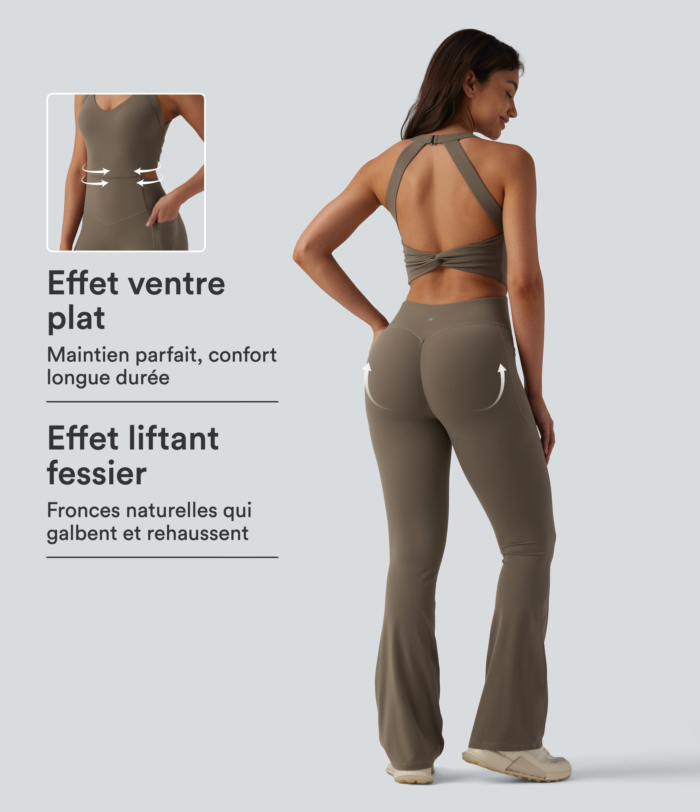Combinaison de sport Halara UltraSculpt™ dos nu torsadé, effet ventre plat et fessier galbé, coupe bootcut, avec poches — Édition Easy Peasy