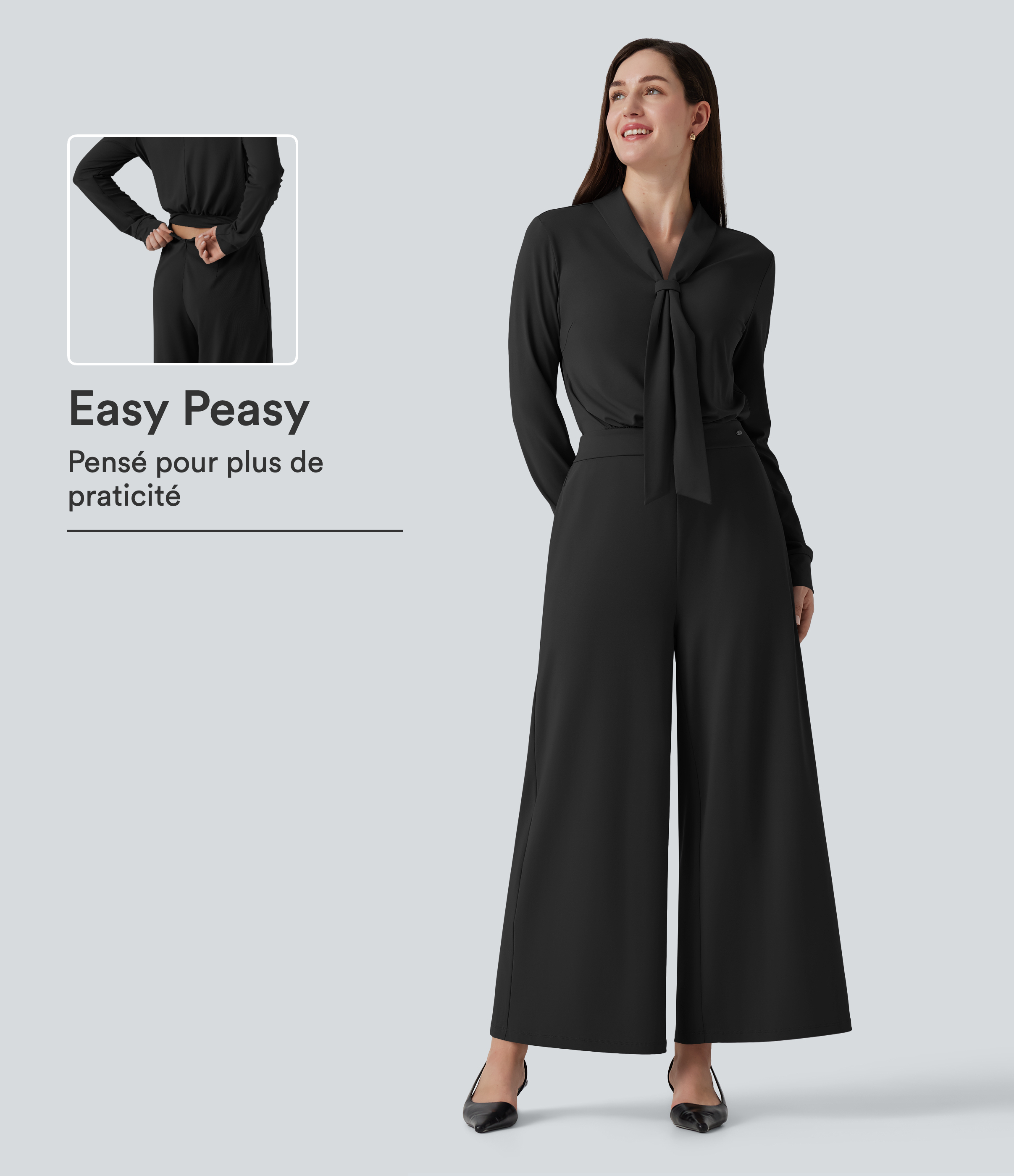 Black Combinaison de bureau accès facile Easy Peasy à encolure en V, manches longues et coupe large avec poches / 1