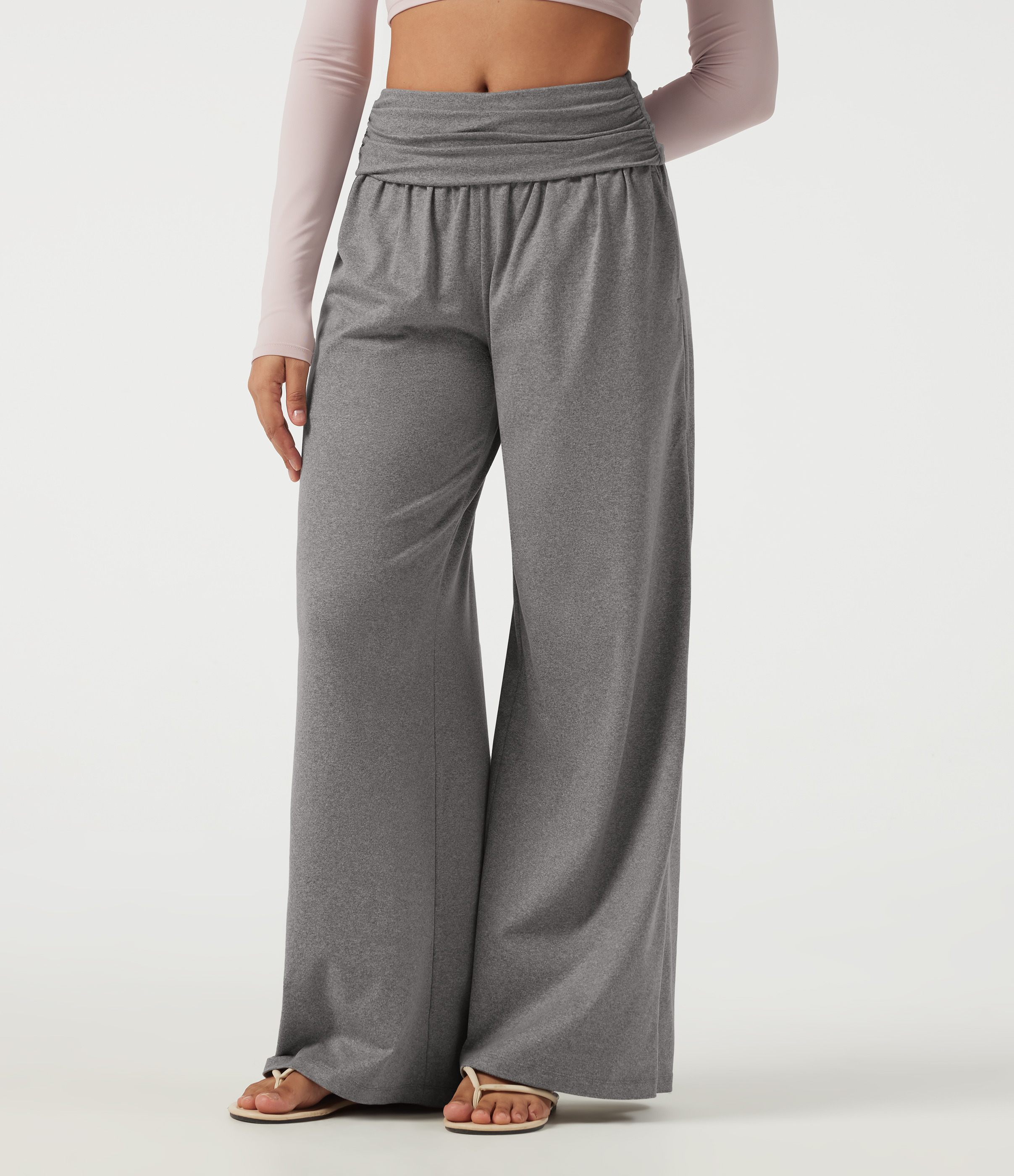 Mid Rise Foldover Ruched Baggy Casual Sweatpants with Pockets