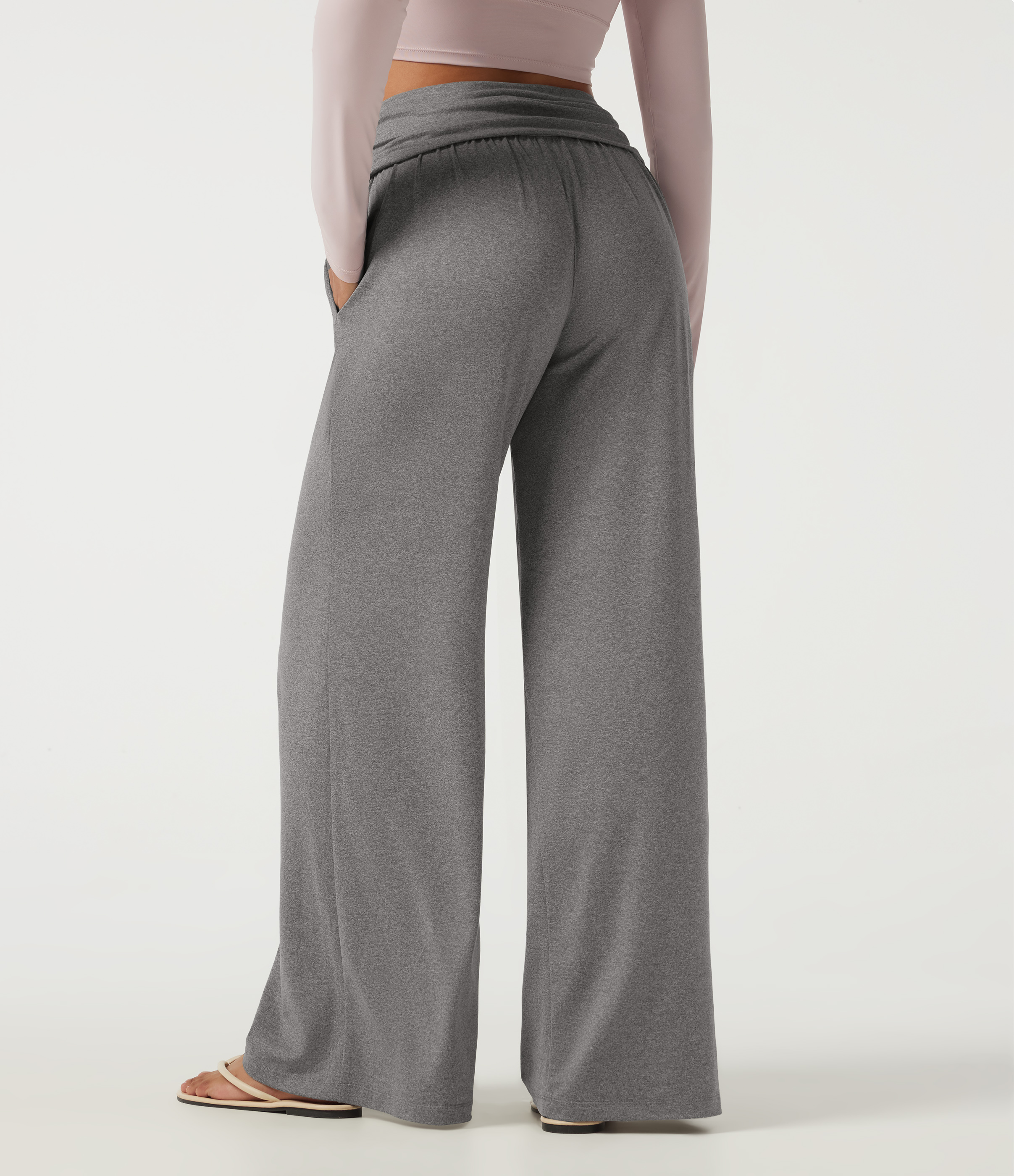 Fog Gray Mid Rise Foldover Ruched Baggy Casual Sweatpants with Pockets / 2