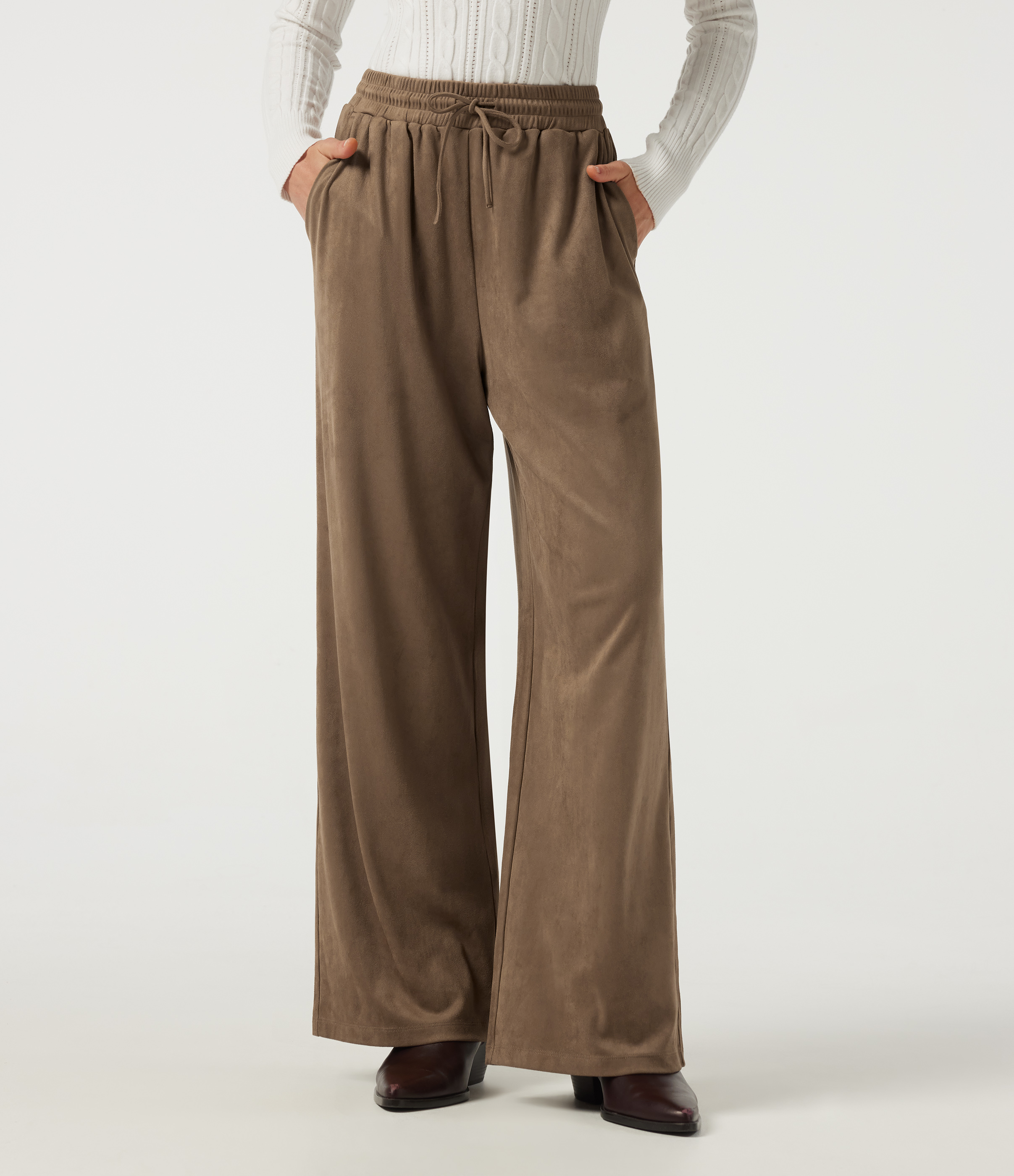 High Waisted Drawstring Wide Leg Suede Casual Pants with Pockets