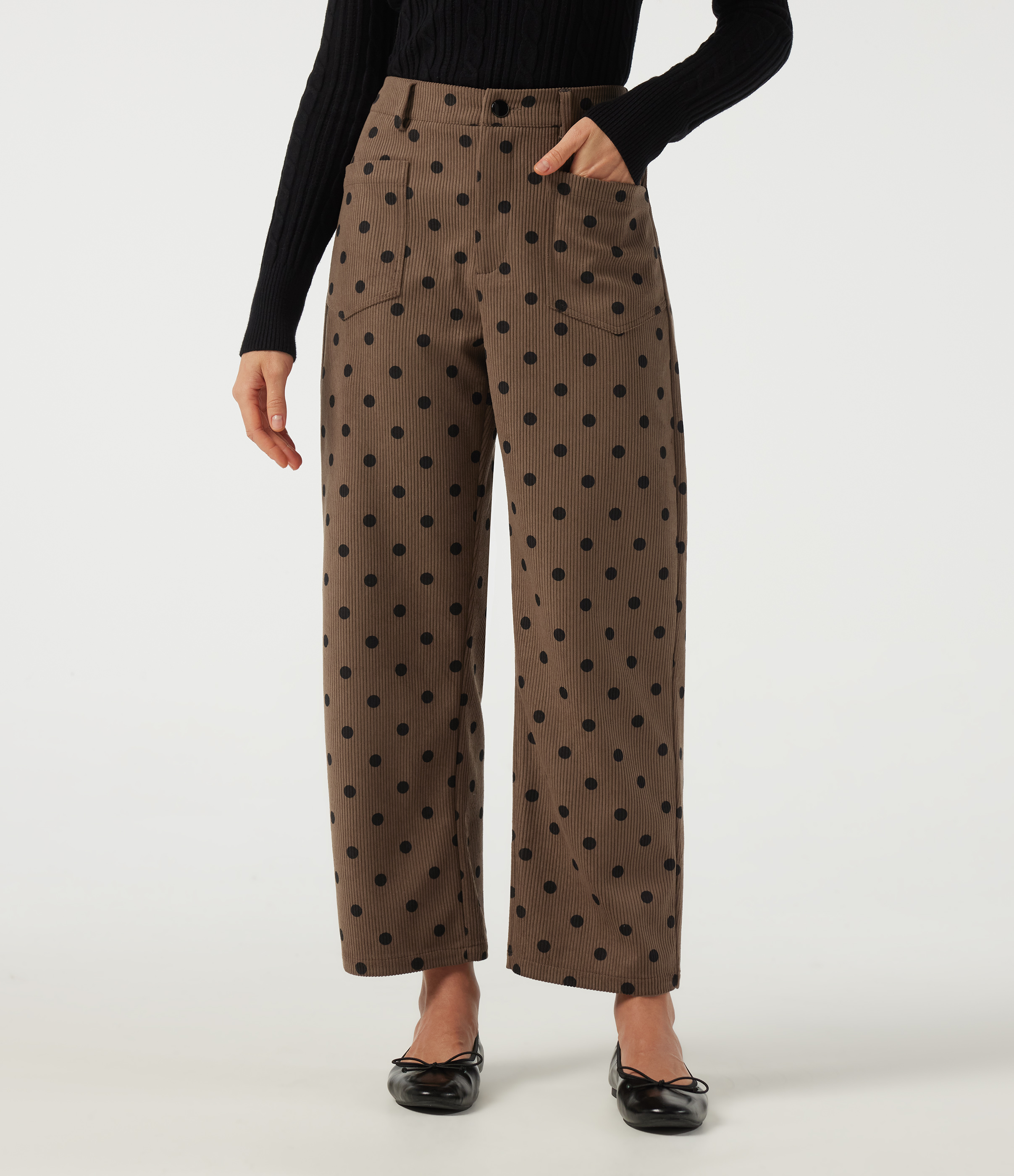 Mid Rise Barrel Leg Polka Dot Corduroy Casual Pants with Pockets