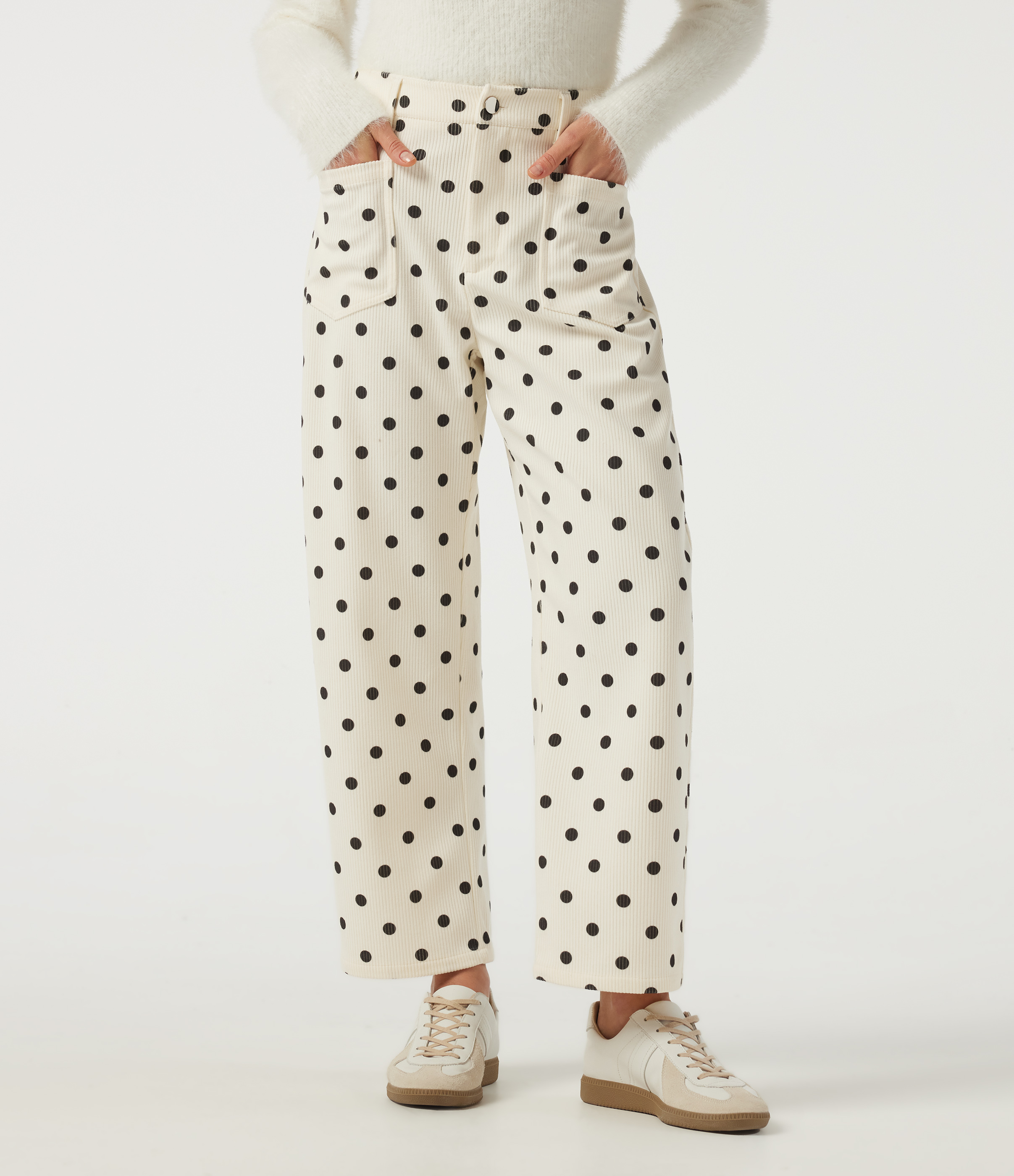 Mid Rise Barrel Leg Polka Dot Corduroy Casual Pants with Pockets