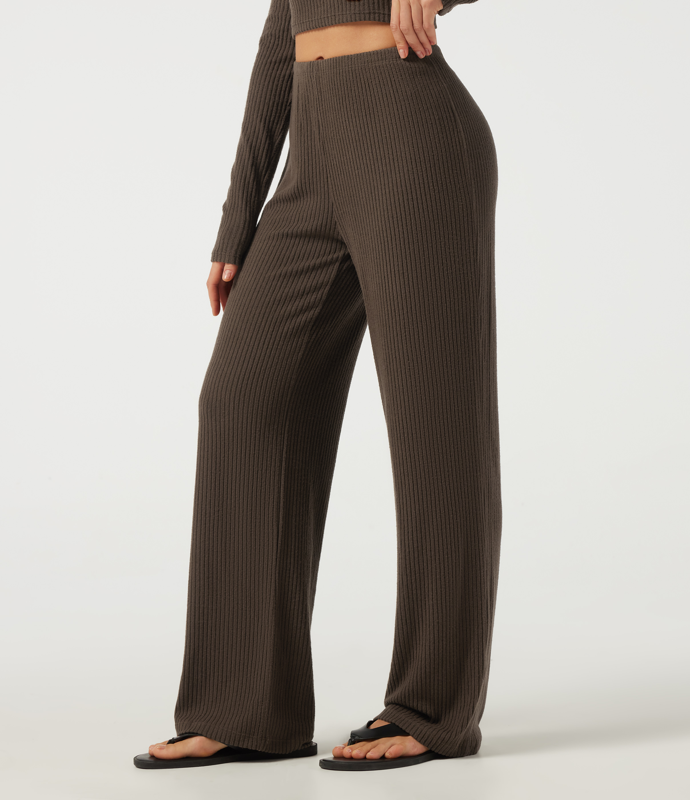 Ribbed Knit Mid Rise Straight Leg Casual Pants