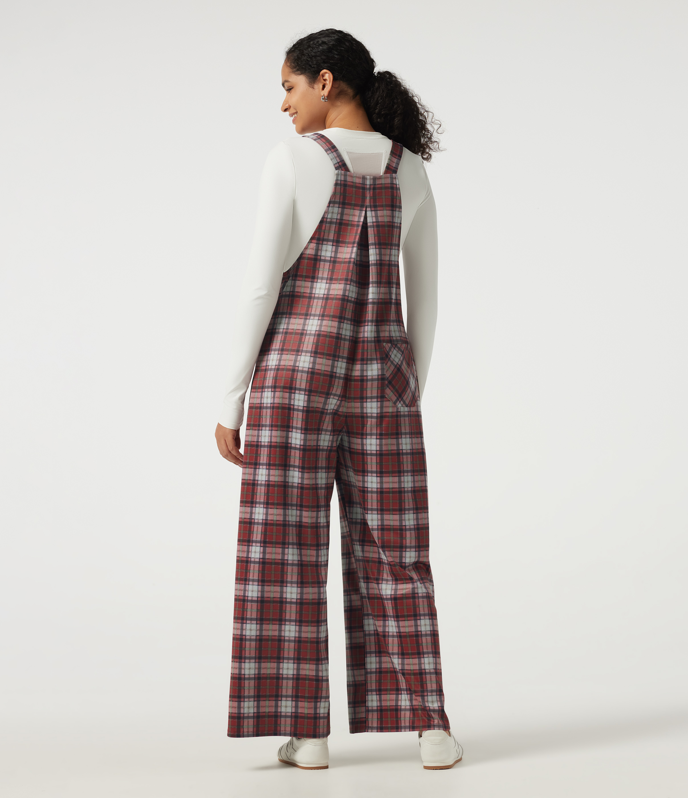 Brick Red Plaid Square Neck Plaid Wide Leg Overalls with Pockets / 2