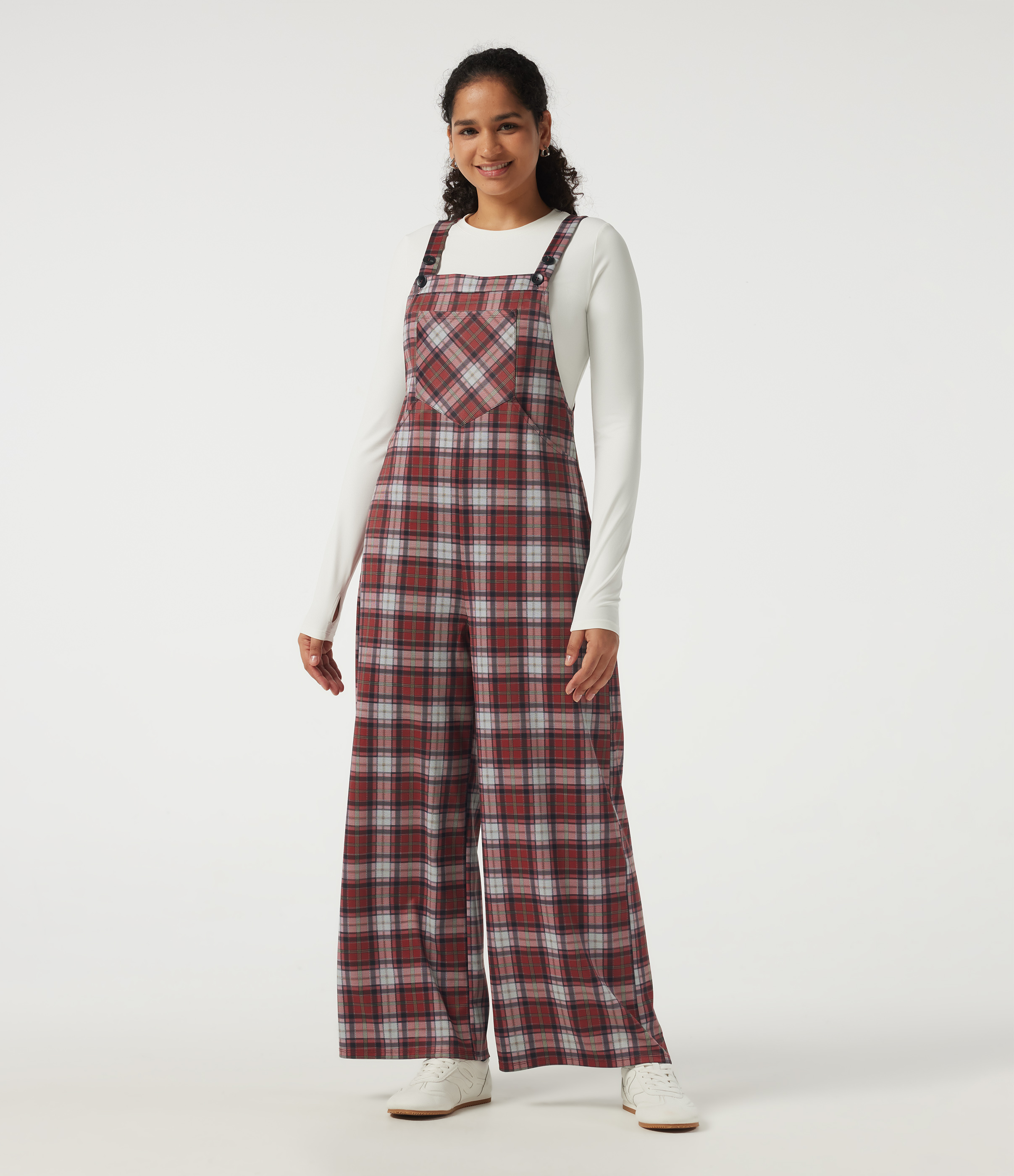 Square Neck Plaid Wide Leg Overalls with Pockets