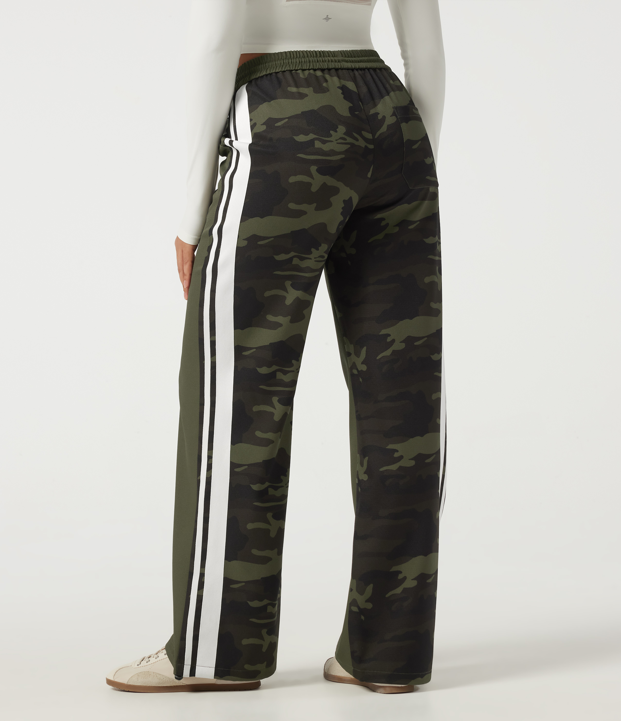 Rain Forest Camo Mid Rise Drawstring Color Block Stripes Wide Leg Camo Casual Pants with Pockets / 2