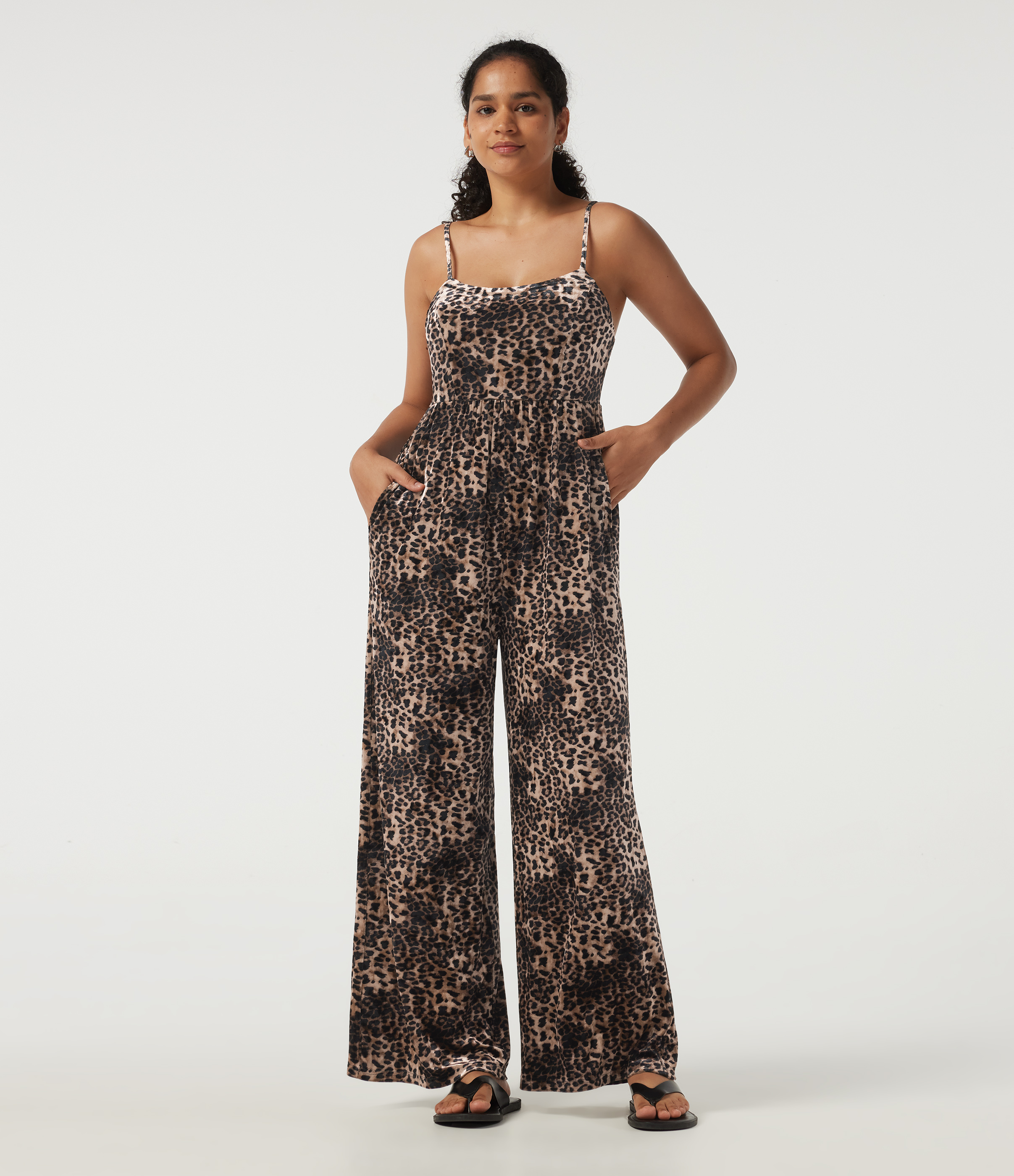 U Neck Sleeveless Leopard Print Velvet Casual Jumpsuit with Pockets