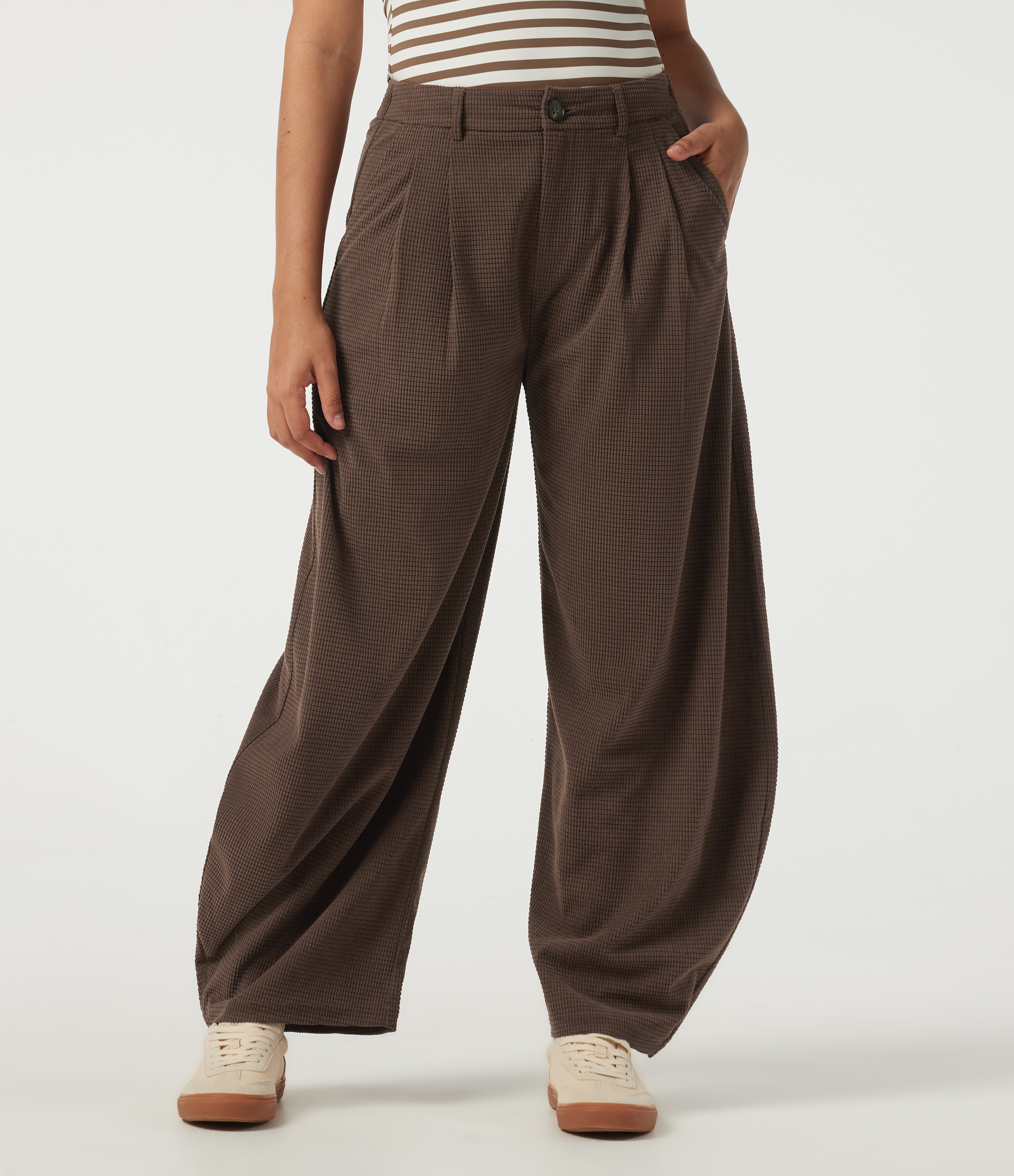 High Waisted Barrel Leg Corduroy Casual Pants with Pockets