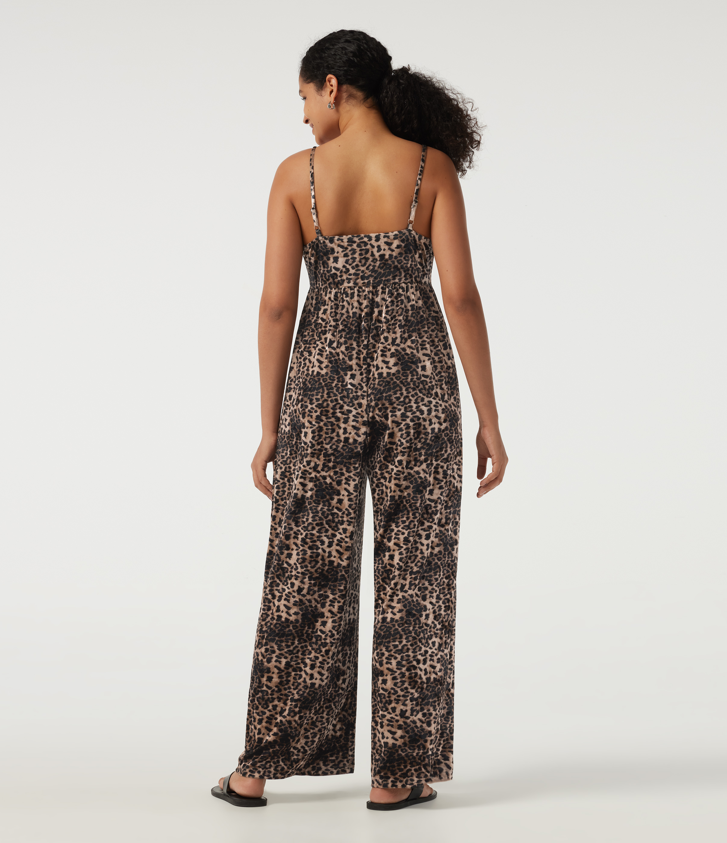 Black Coffee Leopard Print U Neck Sleeveless Leopard Print Velvet Casual Jumpsuit with Pockets / 2