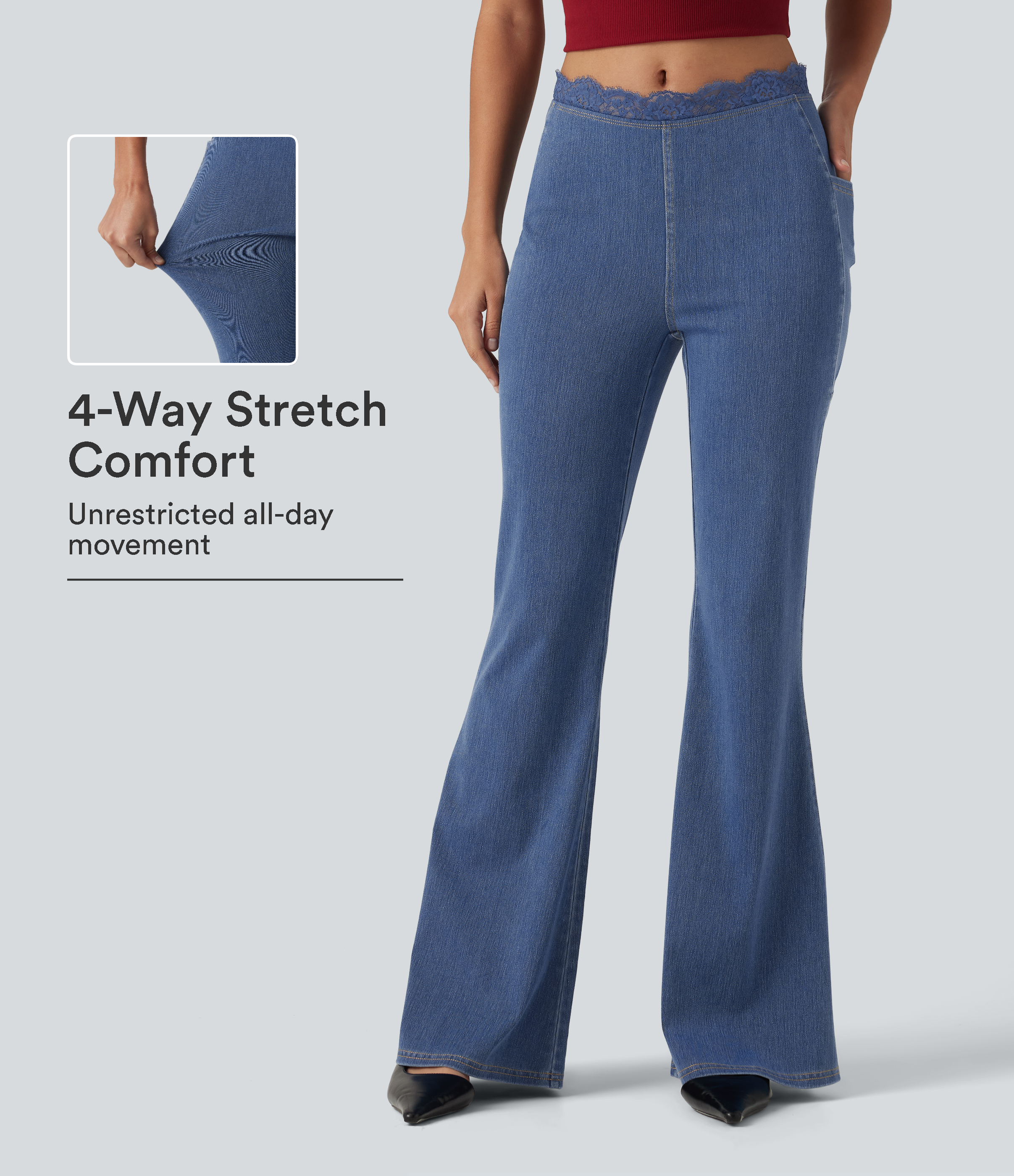 Halara Flex™ Mid Rise Flare Contrast Lace Casual Jean with Pockets