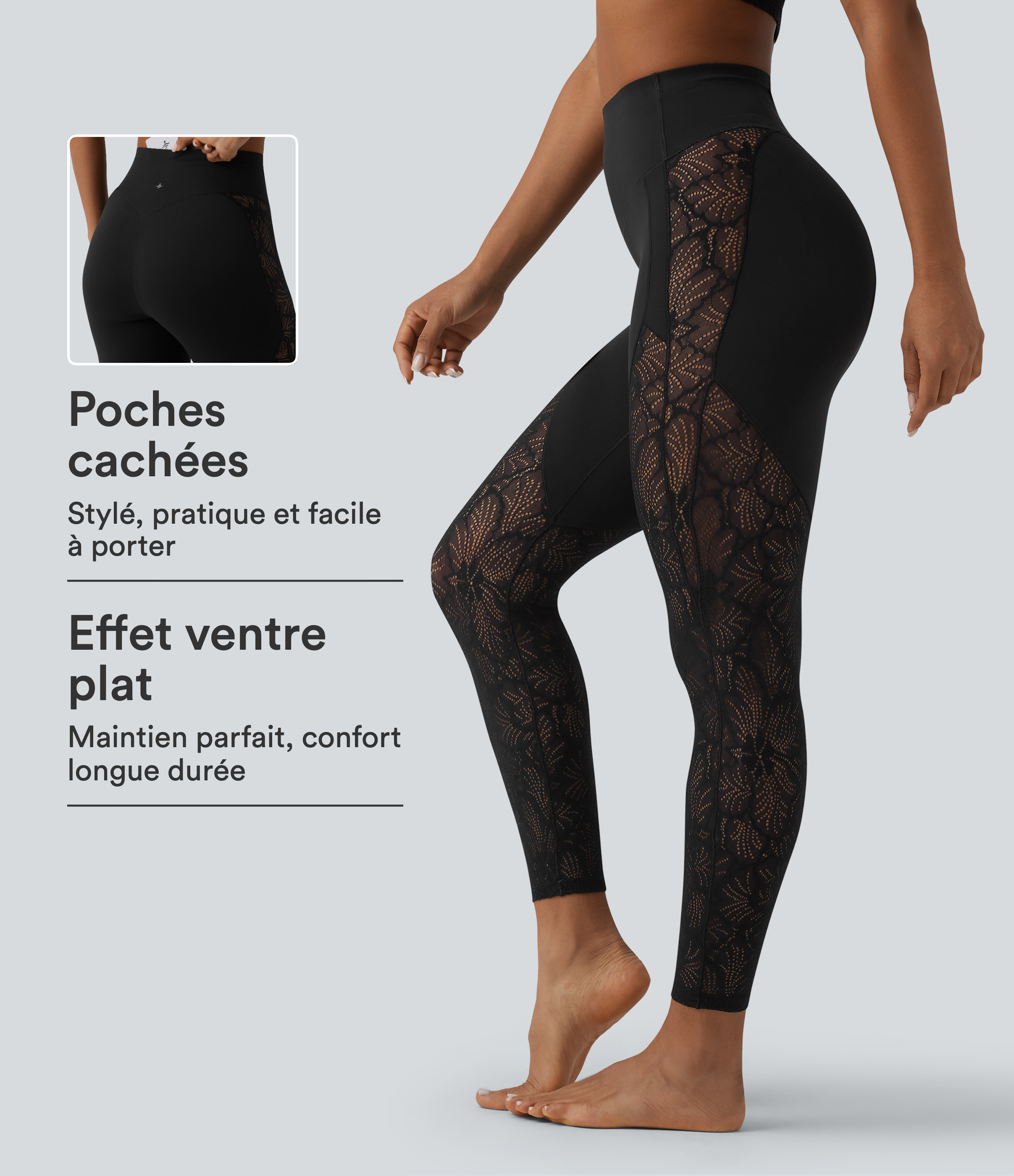 Legging yoga 7/8 Halara UltraSculpt™ gainant taille haute avec dentelle contrastante et poche