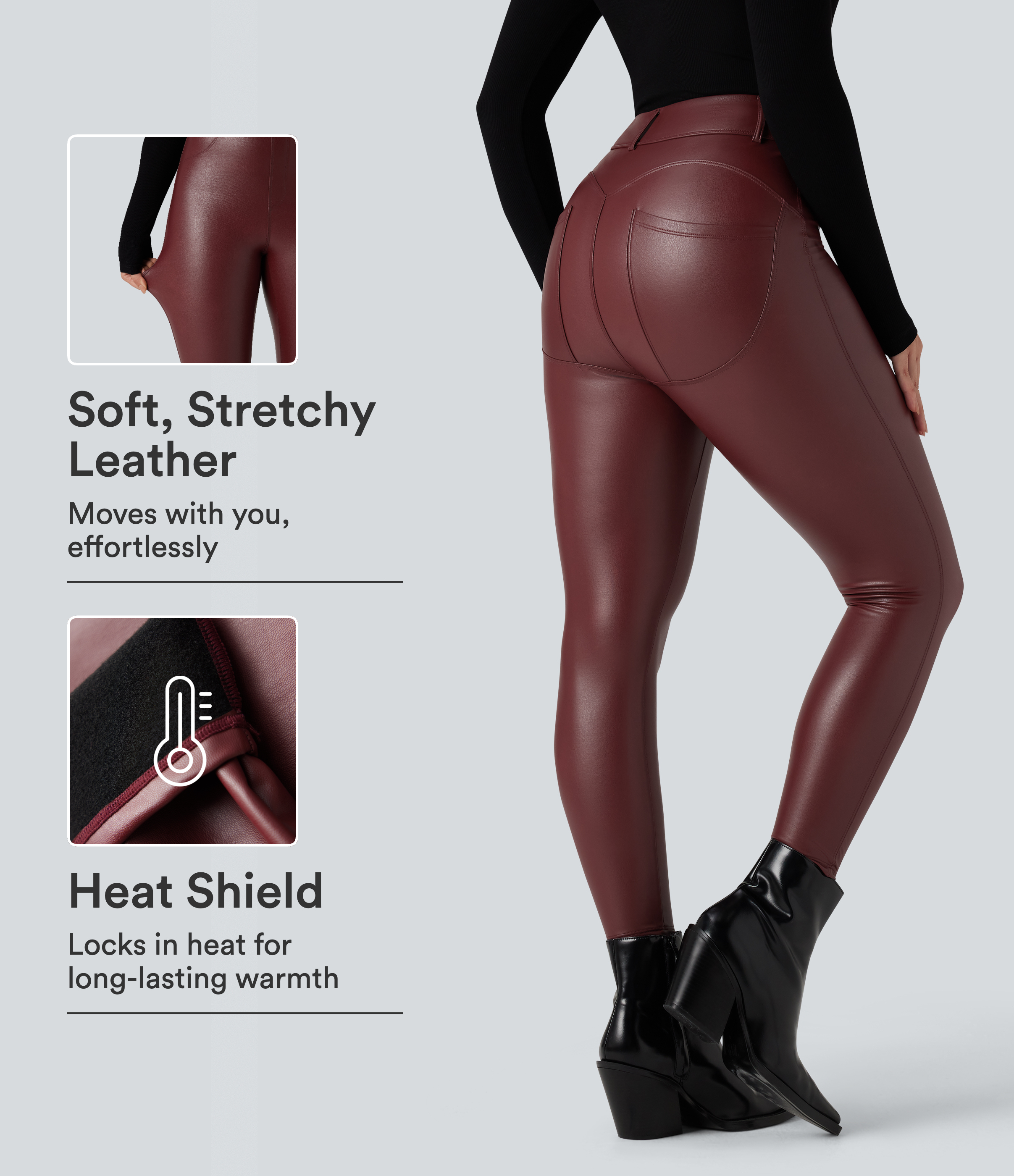 High Waisted Stretchy PU Fleece Casual Leggings with Pockets