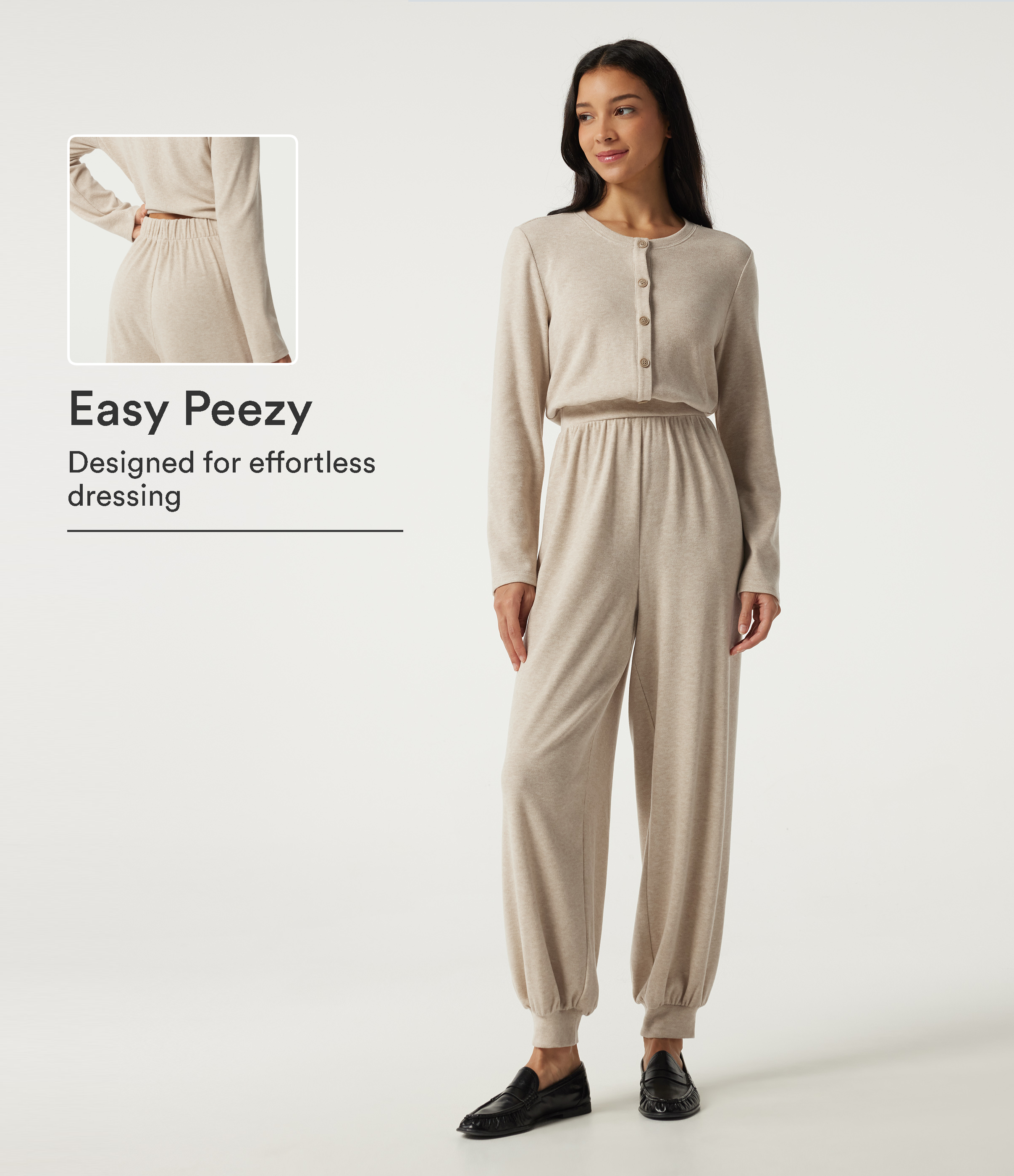 Oatmeal Khaki Round Neck Long Sleeve Casual Jumpsuit with Pockets -Easy Peezy Edition / 1