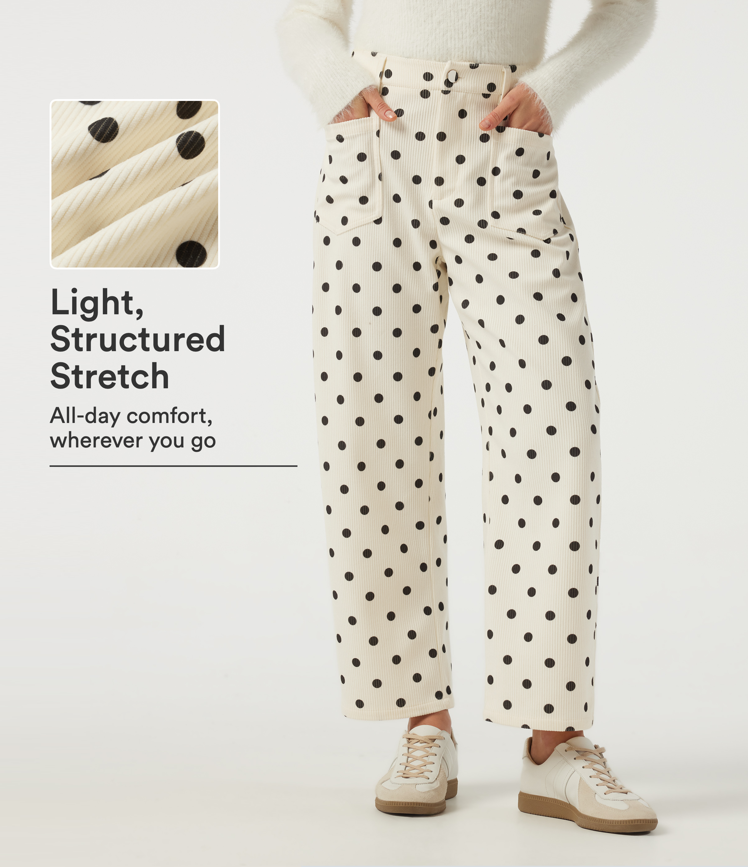 Mid Rise Barrel Leg Polka Dot Corduroy Casual Pants with Pockets
