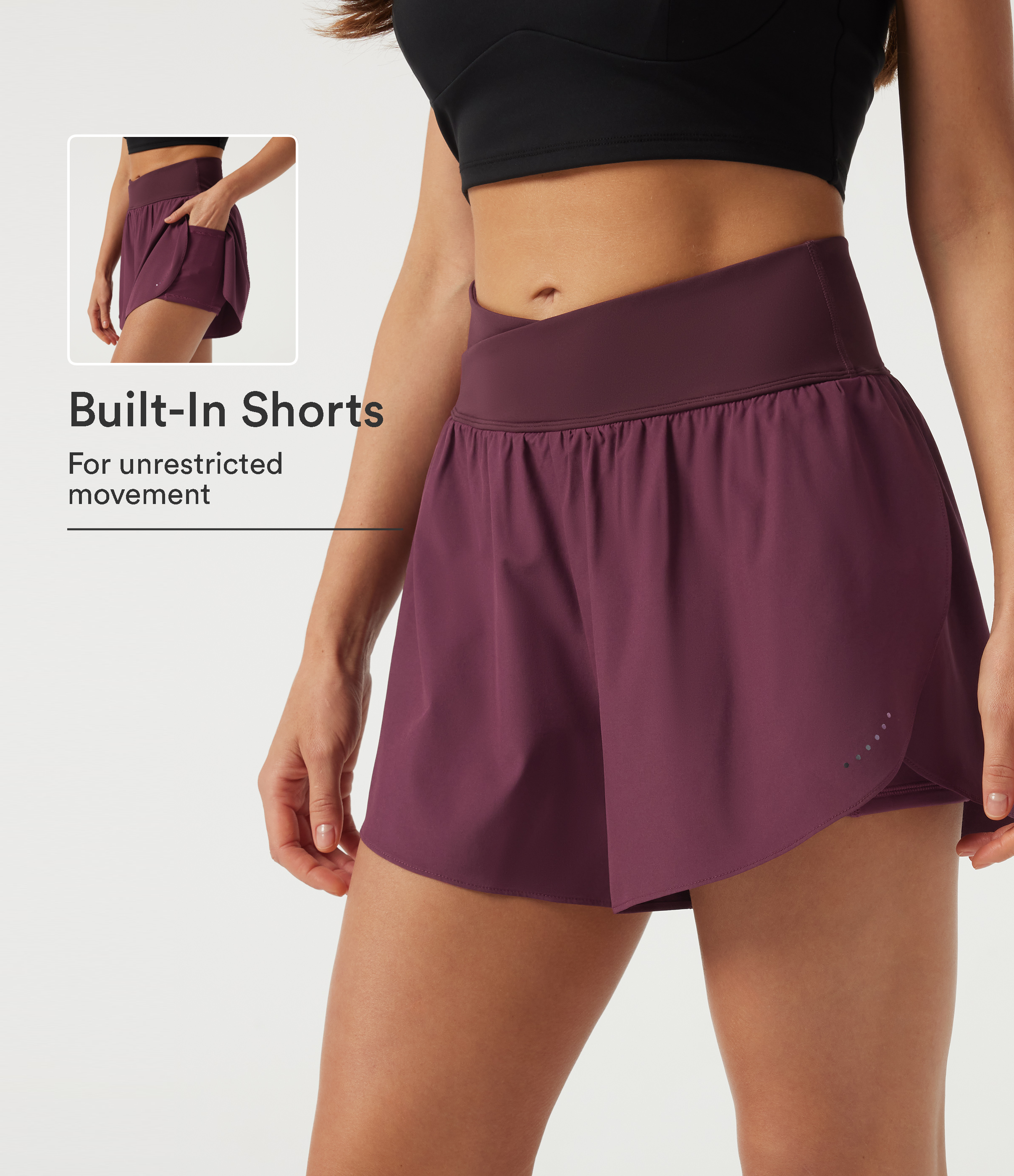 Breezeful™ High Waisted Crossover 2-in-1 Quick Dry Running Shorts 3" with Pockets