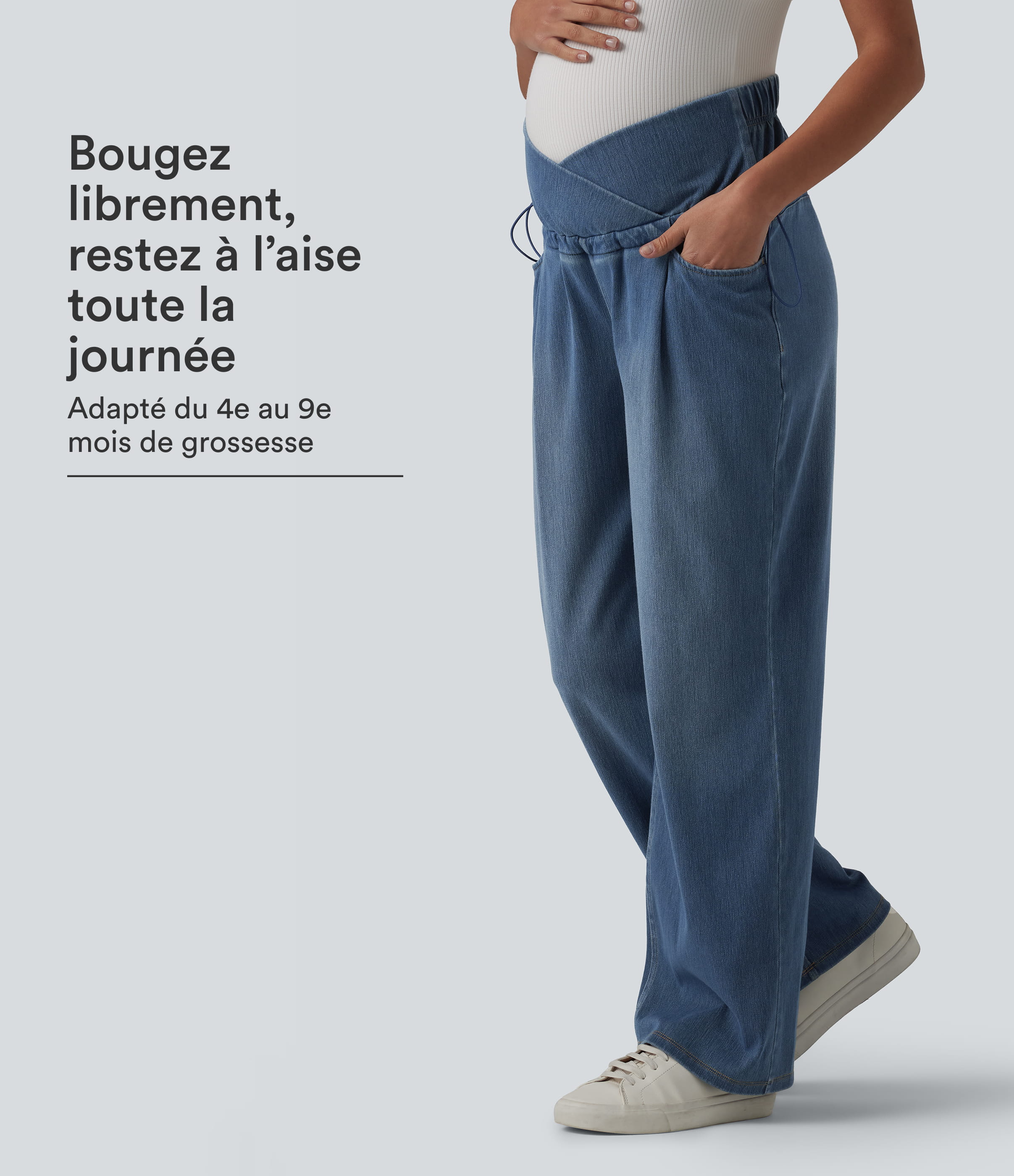 Tide Blue Denim Halara Flex™ Jean de maternité ample décontracté à taille haute croisée avec cordon de serrage ajustable et poches / 1