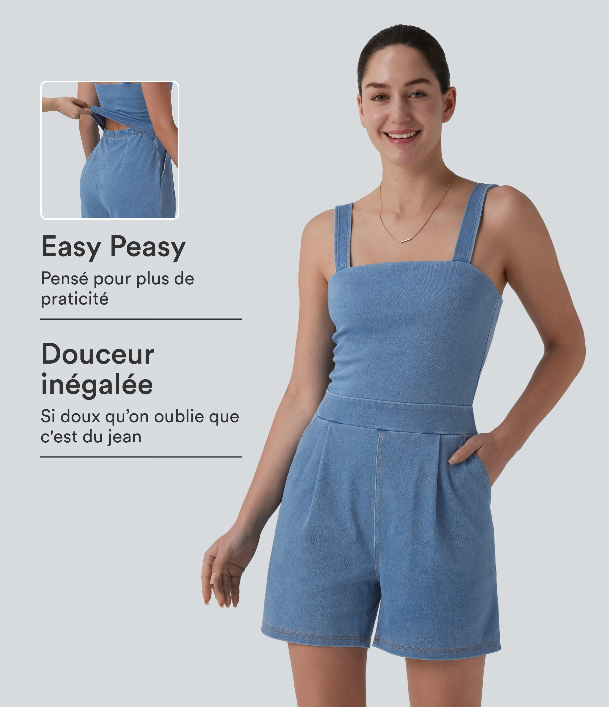 Halara Flex™ Combinaison short casual en denim sans manches à encolure carrée avec poches — Édition Easy Peasy