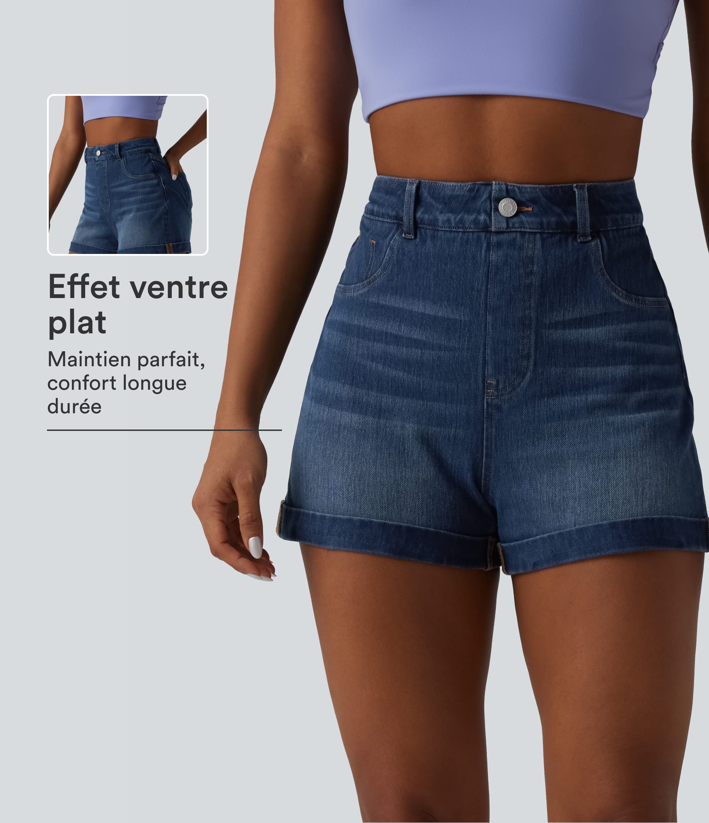 Short denim décontracté Halara Flex™ gainant taille haute ourlet roulotté avec poches