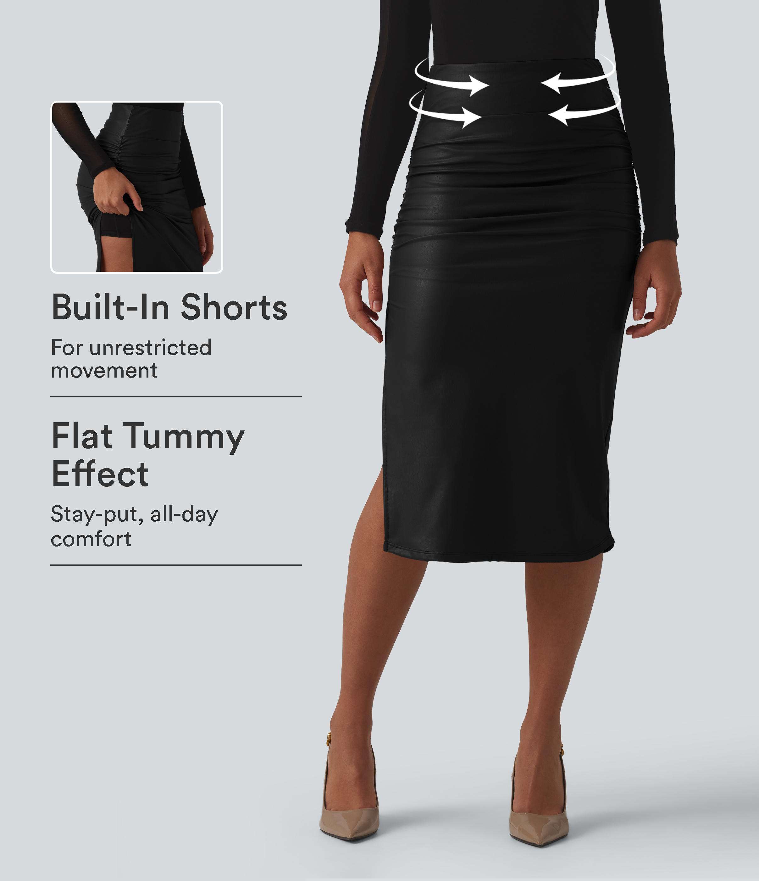 High Waisted Tummy Control Ruched Curved Hem 2-in-1 Fleece PU Midi Casual Skirt