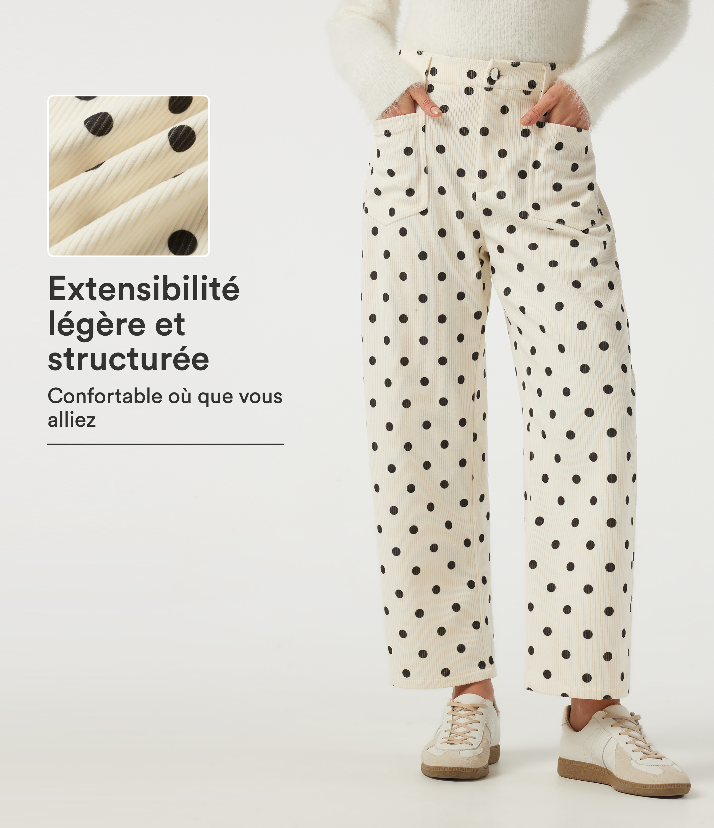 Pantalon en velours côtelé coupe barrel taille mi-haute à pois avec poches