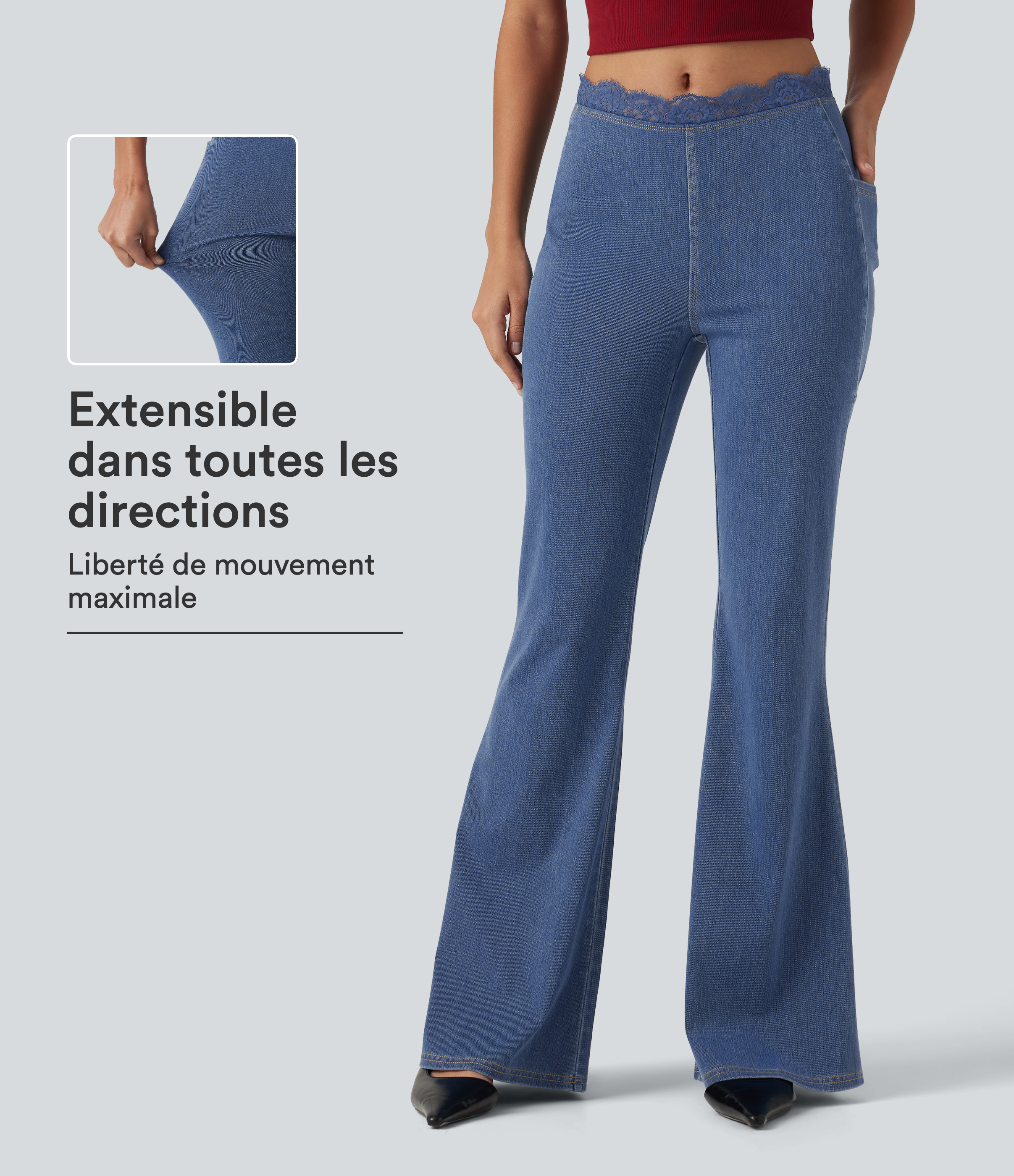 Tide Blue Denim Jean flare Halara Flex™ taille mi-haute avec dentelle contrastée et poches / 1