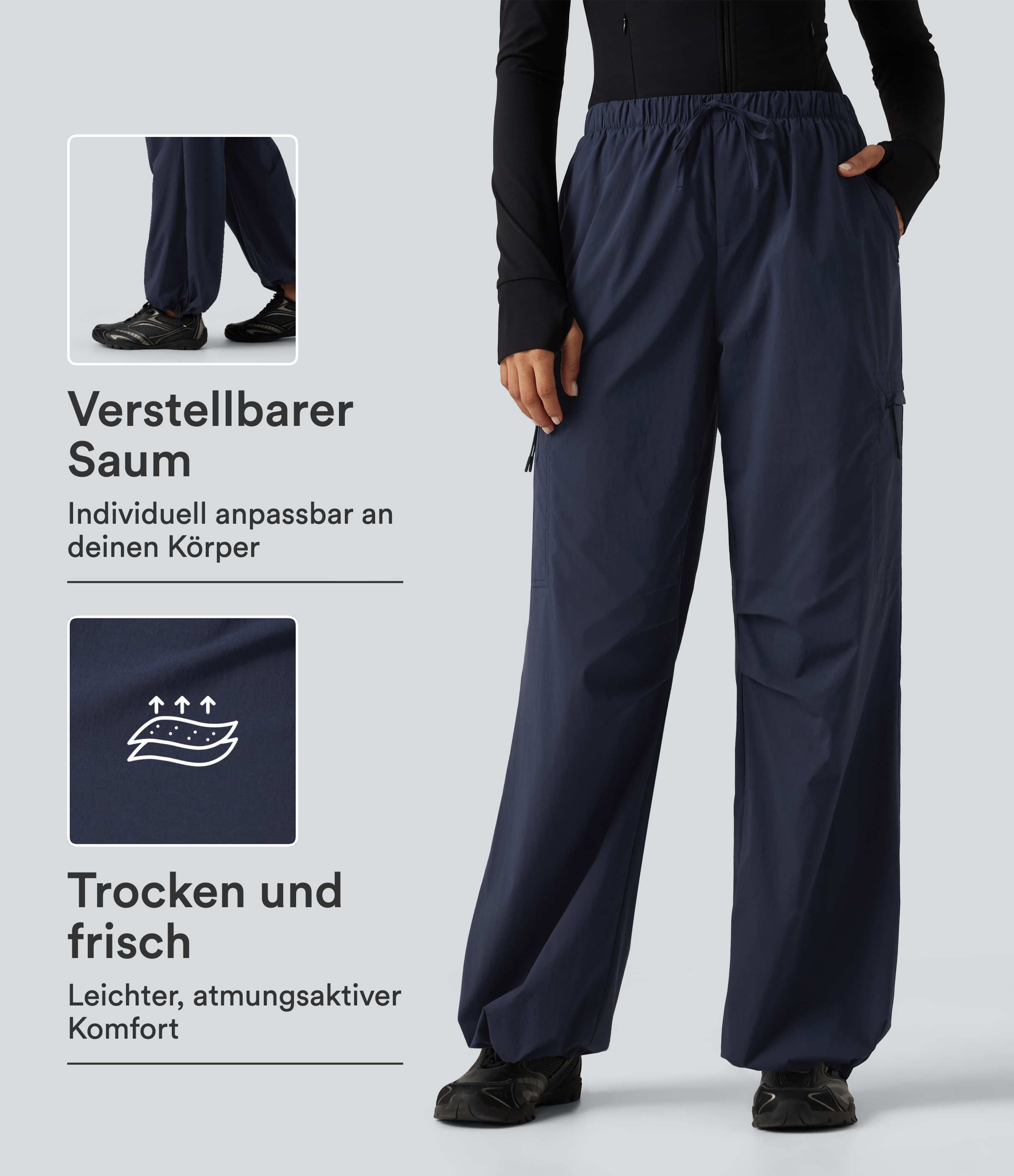 Geraffte Wanderhose mit mittelhohem Bund, Seitentaschen, Kordelzug und weitem Bein