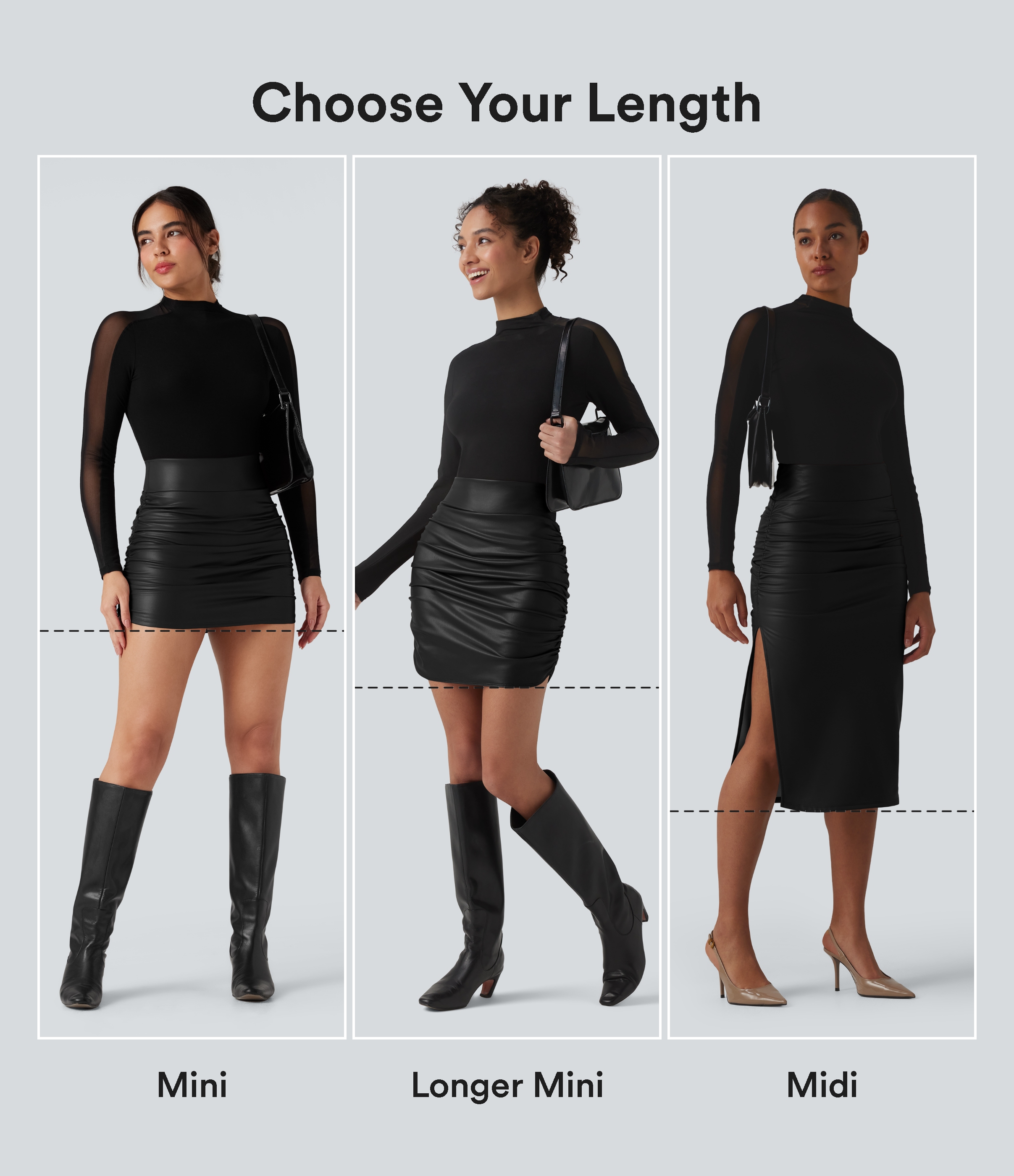 Black High Waisted Tummy Control Ruched Curved Hem 2-in-1 Fleece PU Midi Casual Skirt / 2