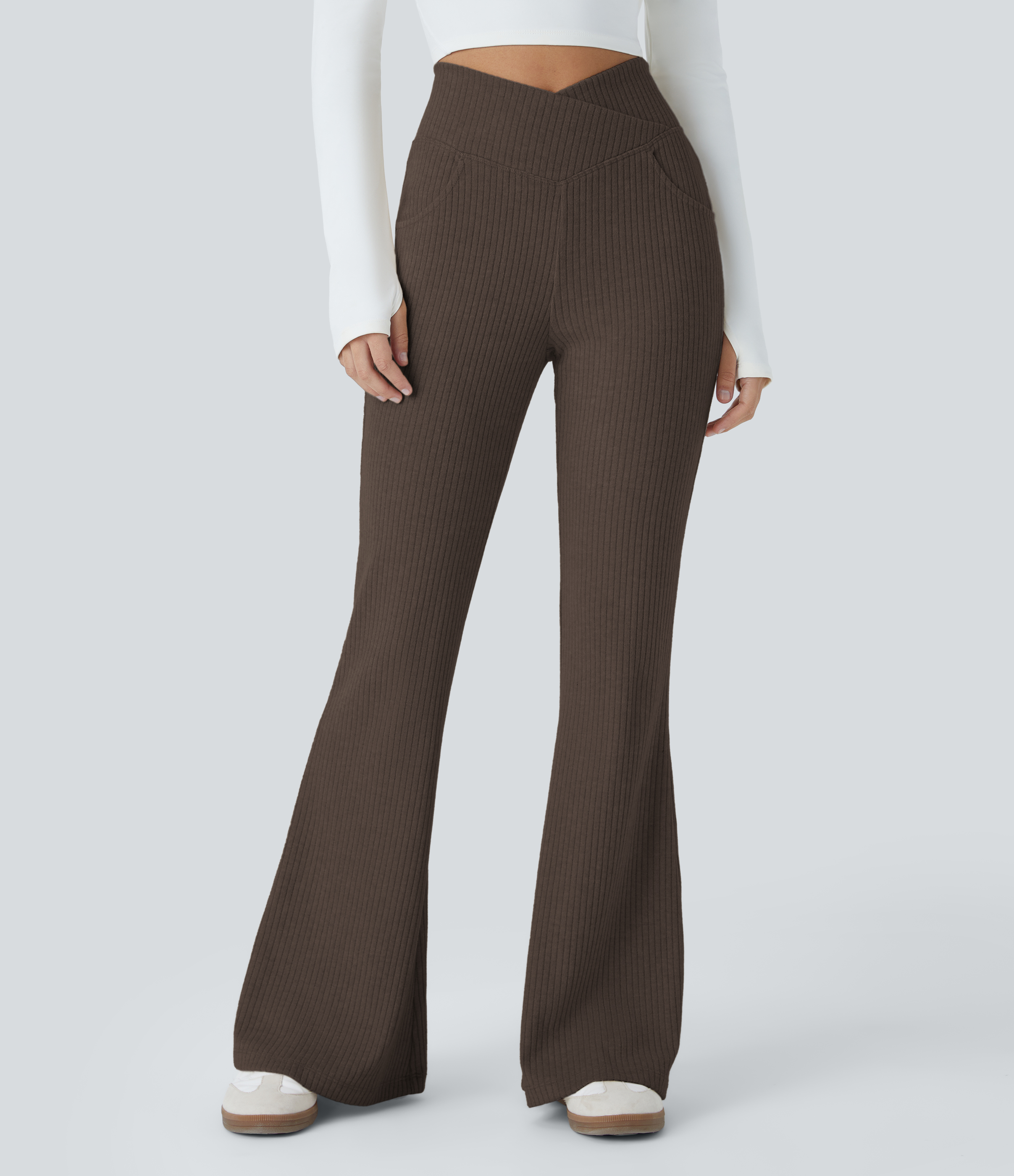 Ribbed Knit Crossover High Waisted Pocket Casual Flare Pants