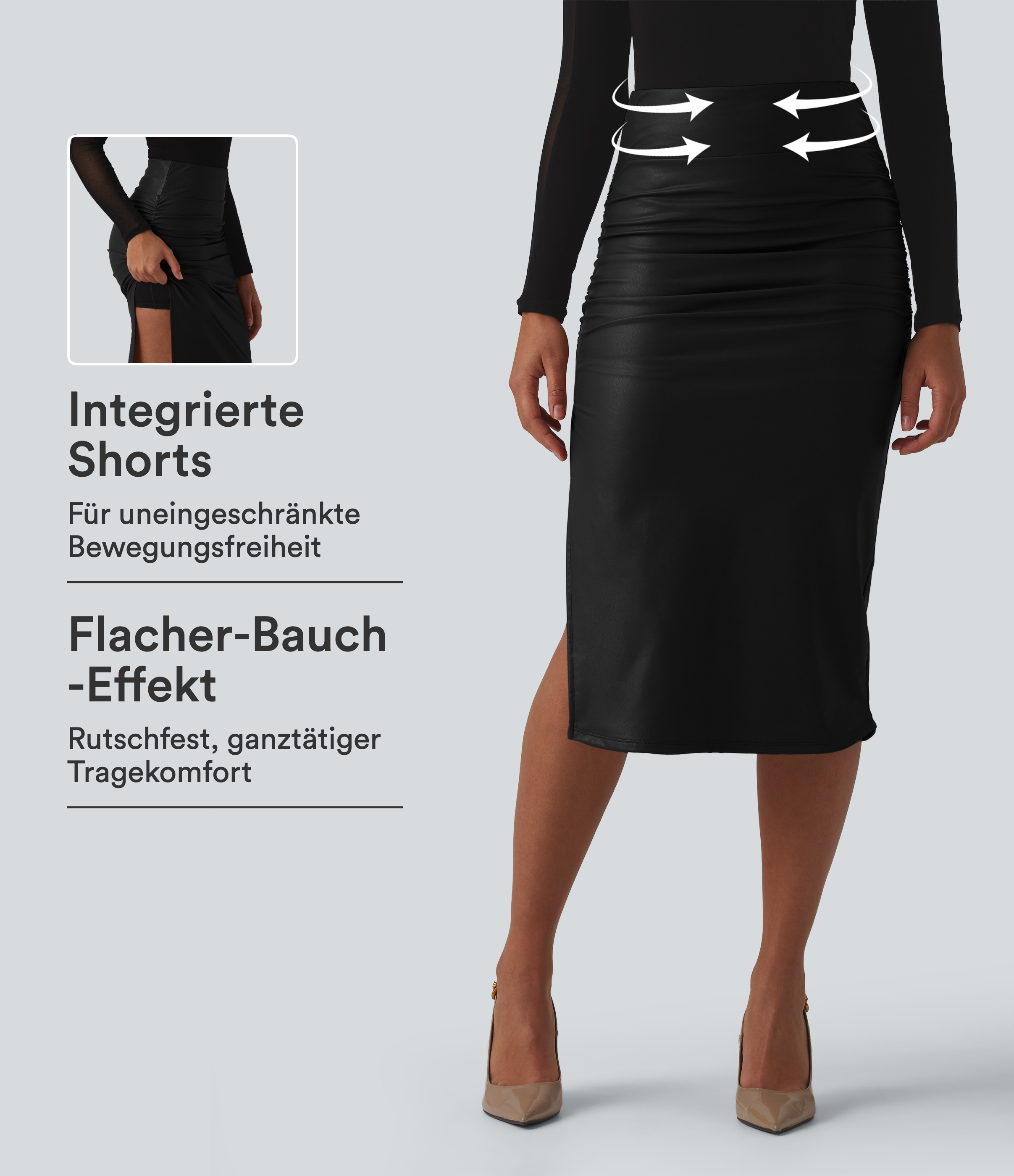 Geraffter, figurbetonter 2-in-1 Midirock aus Kunstleder mit hohem Bund und abgerundetem Saum