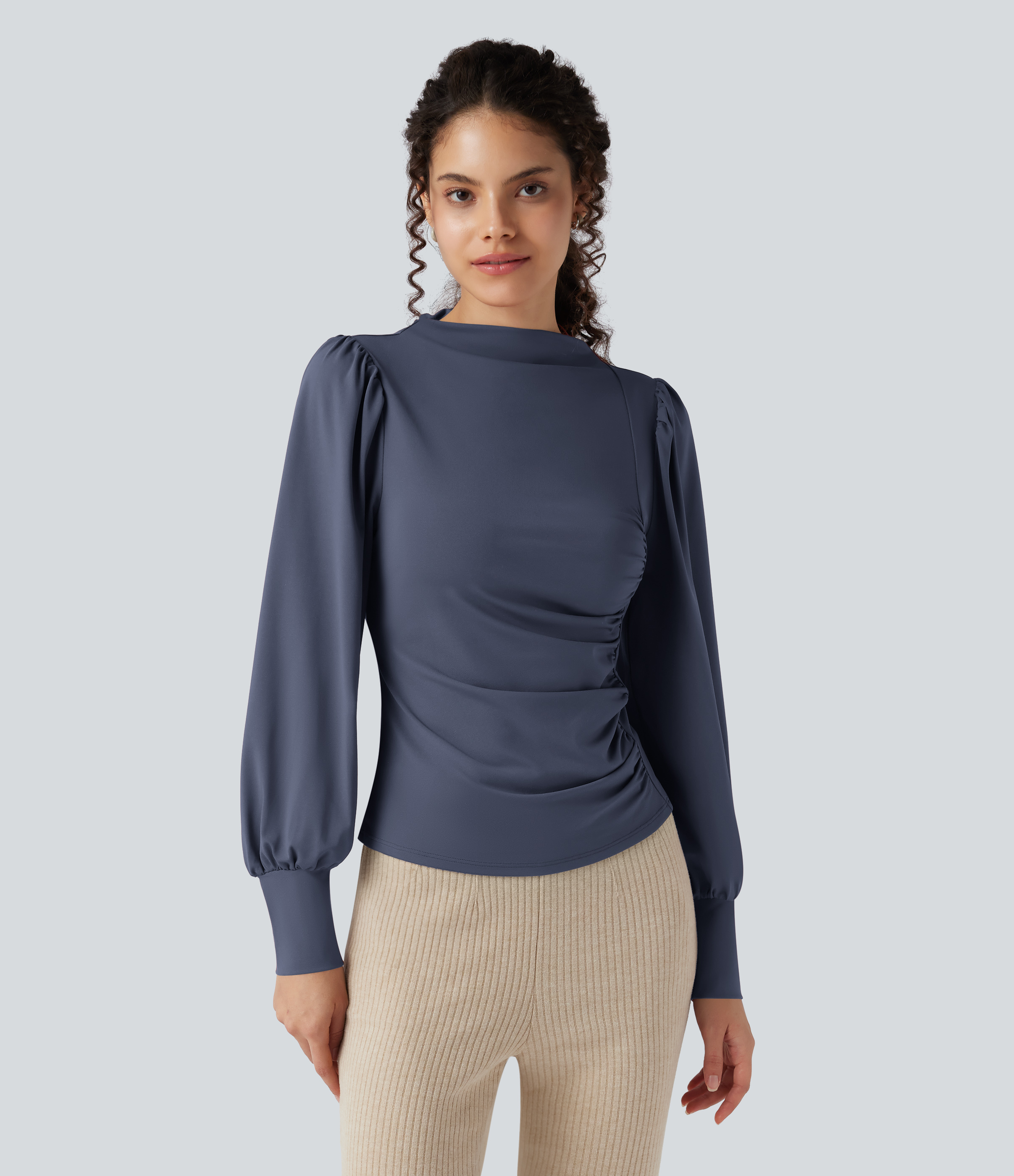 Mock Neck Long Sleeve Ruched Casual Top