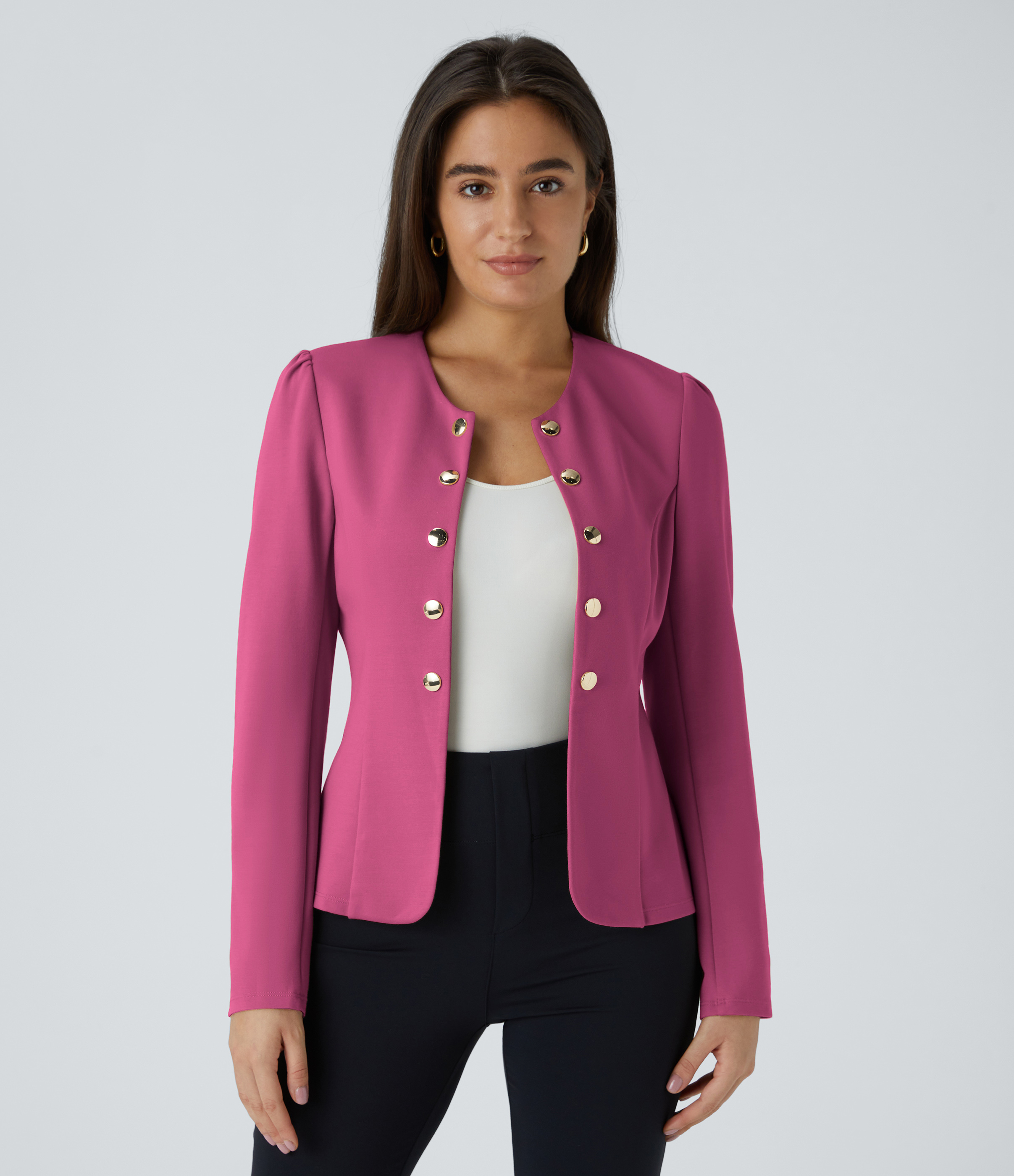 Halara Chaqueta oficina ajustada botón decorativo manga larga cuello redondo - Carmine Rose - L: retailer-supplied image