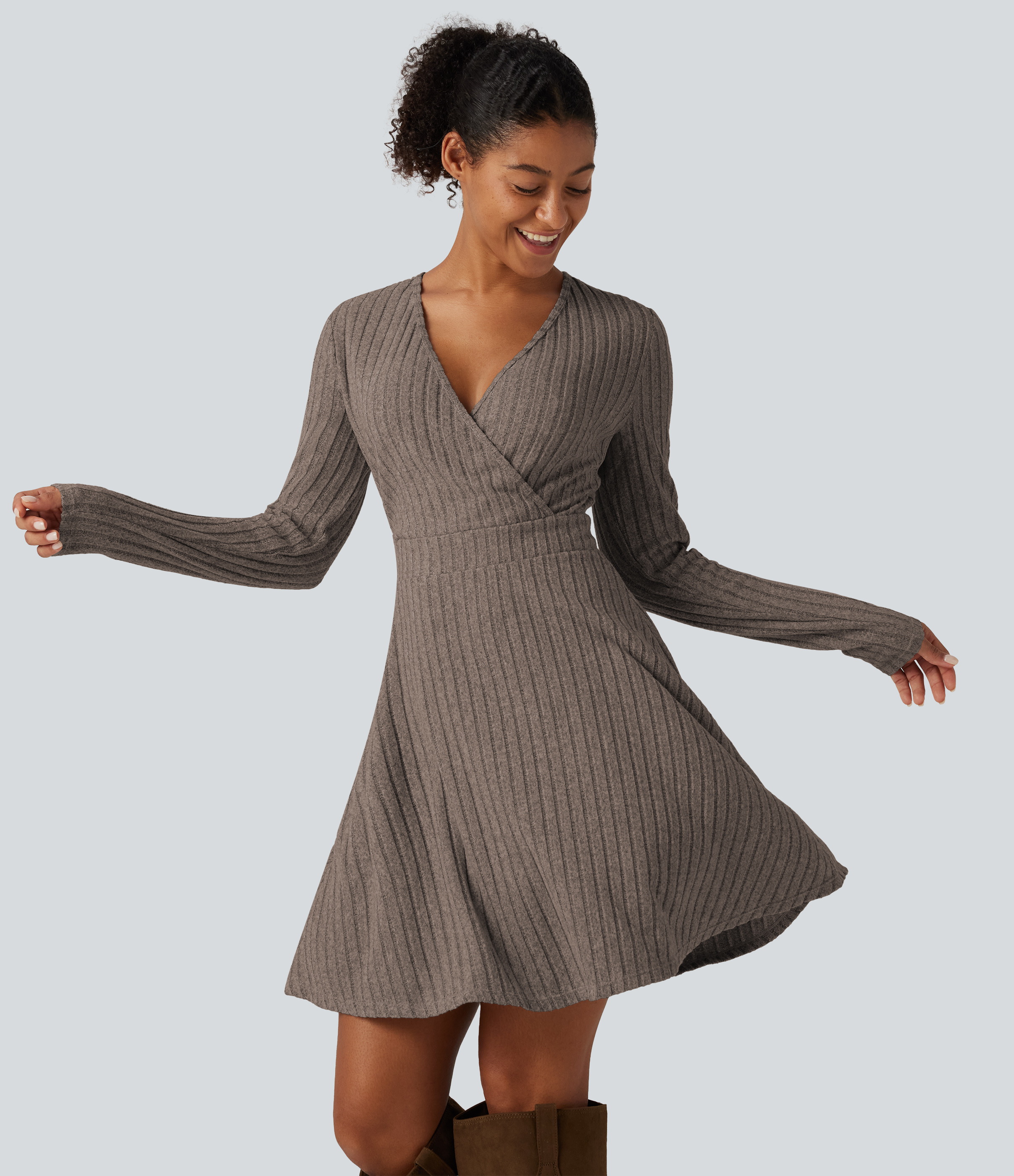 Ribbed Knit V-Neck Crossover Long Sleeve Mini Casual Dress