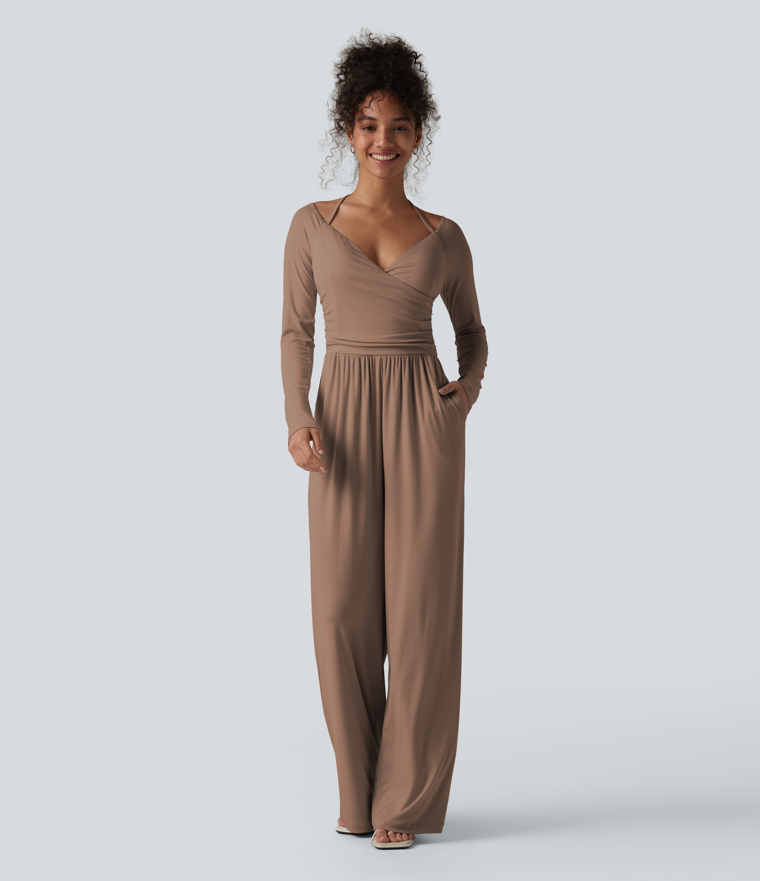 Ribbed Halter Tie Back Off Shoulder Built-in Bra Long Sleeve Casual Jumpsuit with Pockets