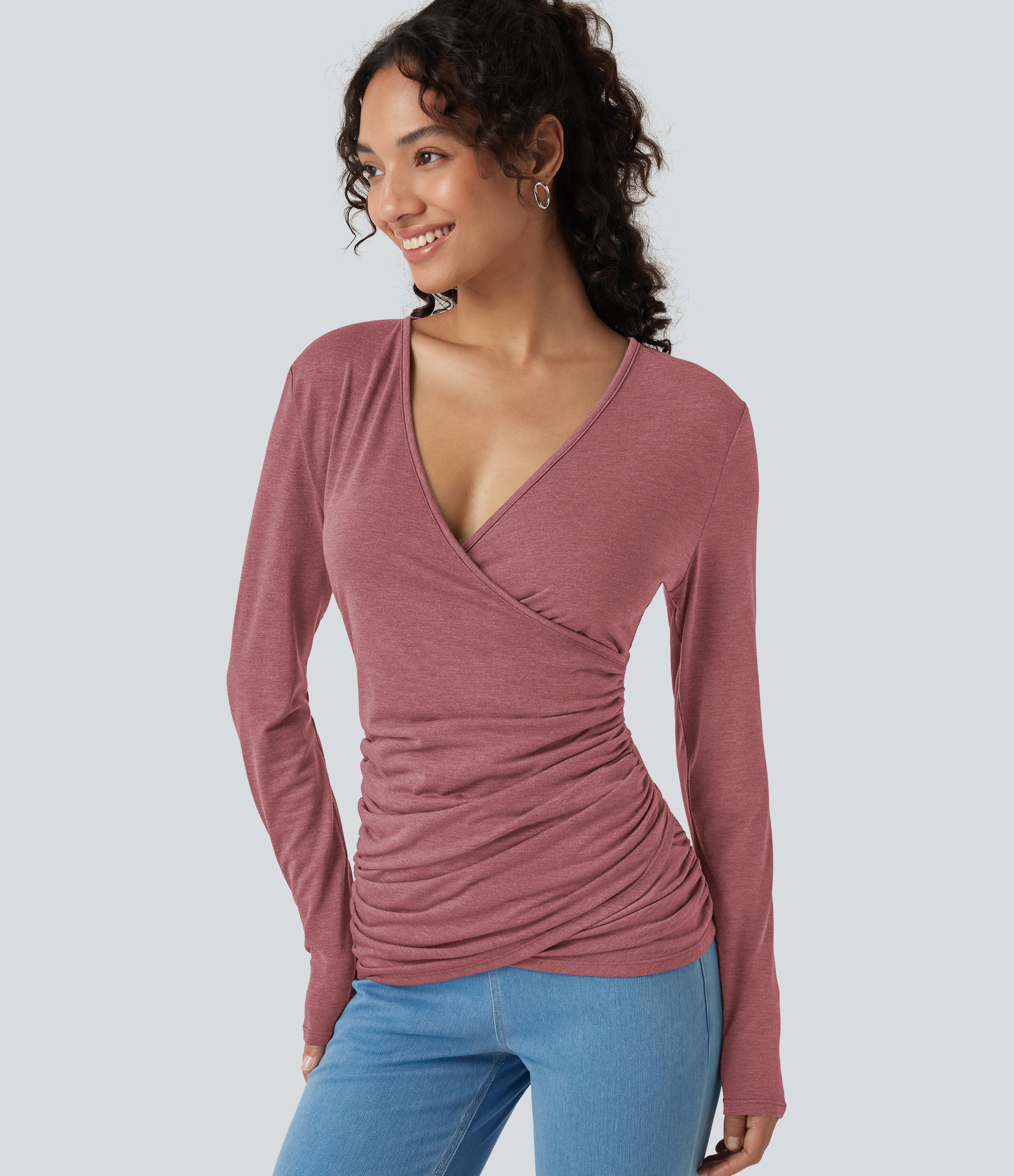 V Neck Long Sleeve Ruched Casual Top