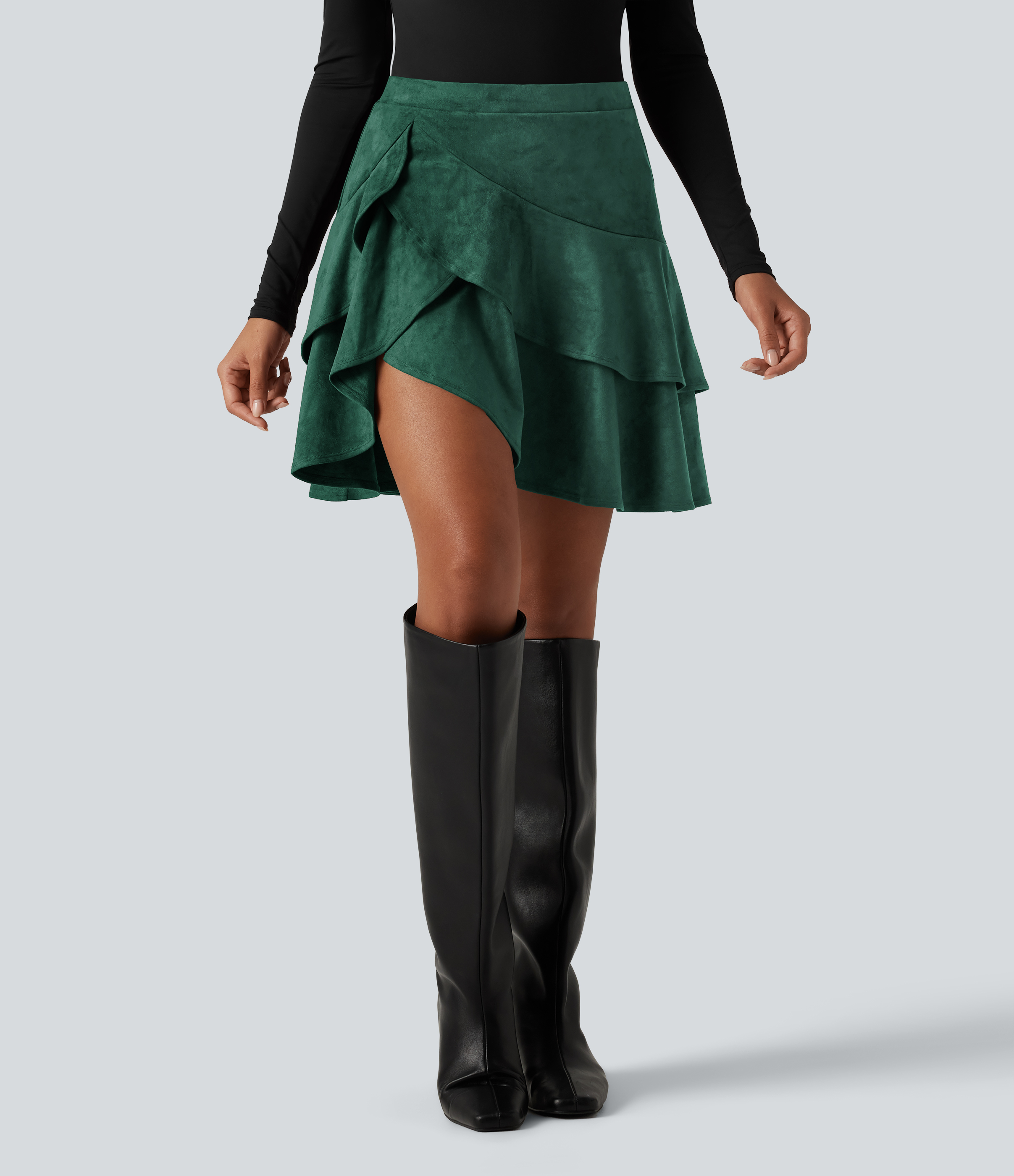 High Waisted Tiered Ruffle Hem 2-in-1 Longer Mini Suede Casual Skirt with Pocket
