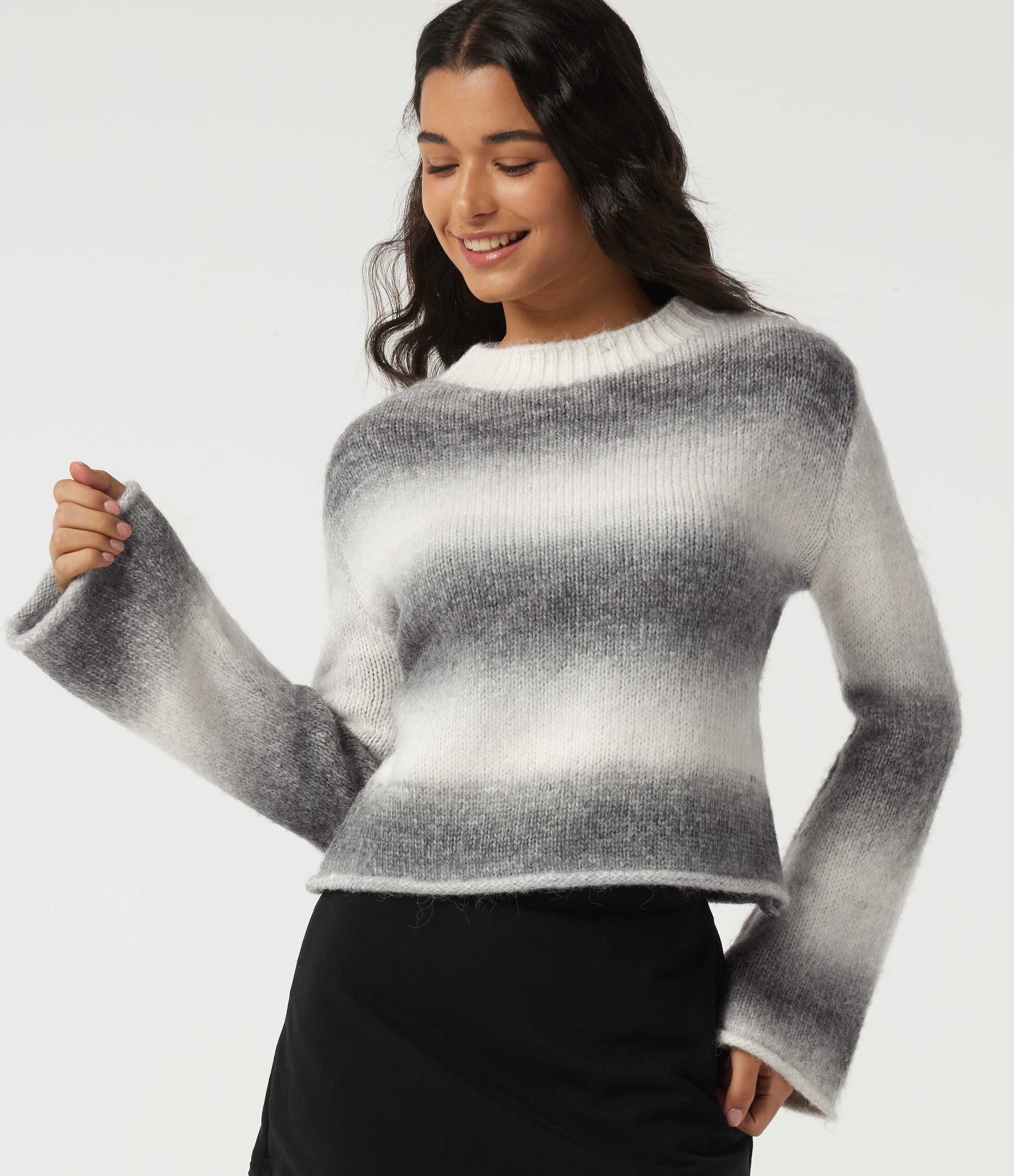 Boat Neck Flounce Long Sleeve Rolled Hem Casual Sweater