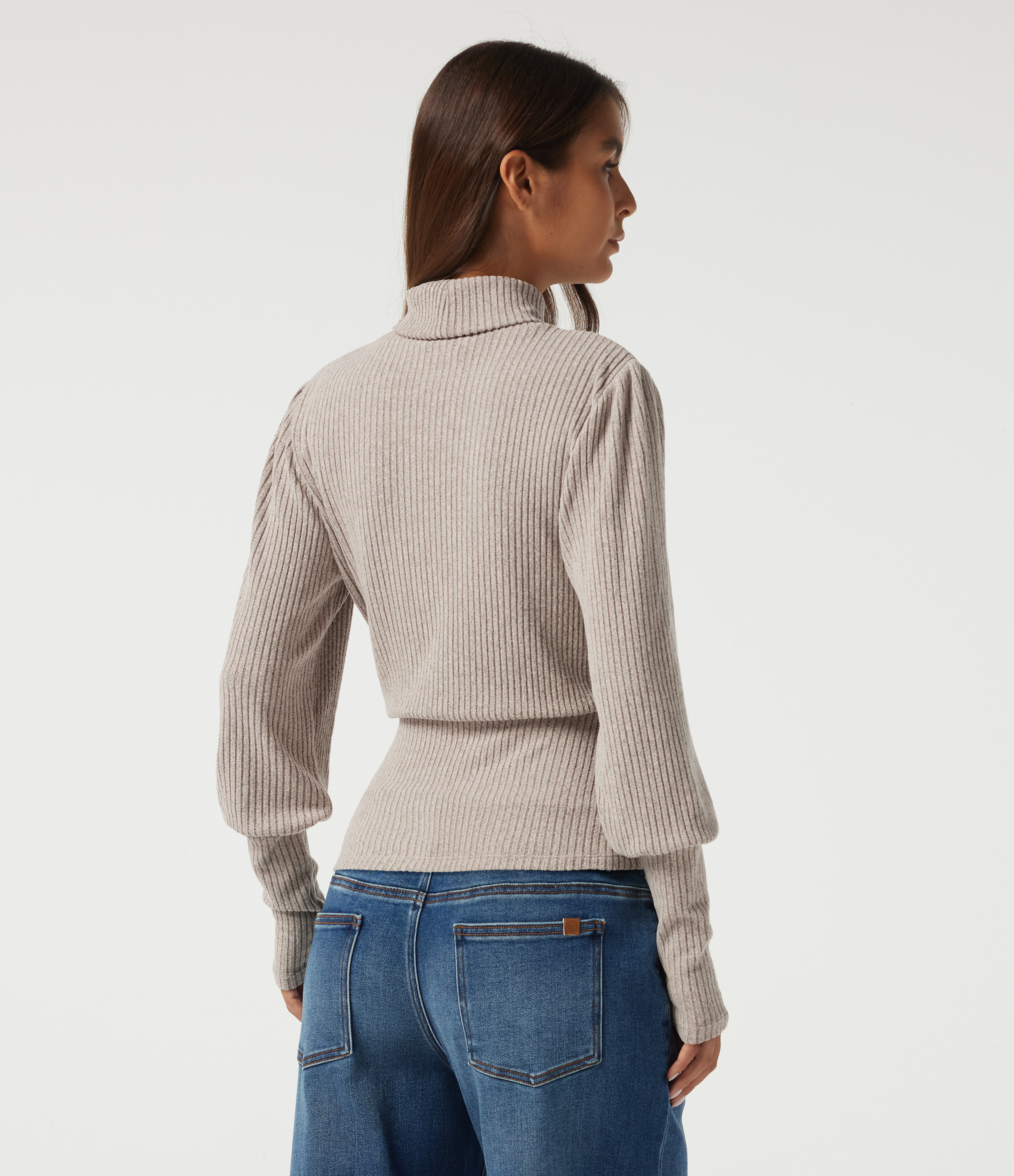 Smoked Olive Ribbed Knit High Neck Puff Long Sleeve Ruched Casual Top / 2