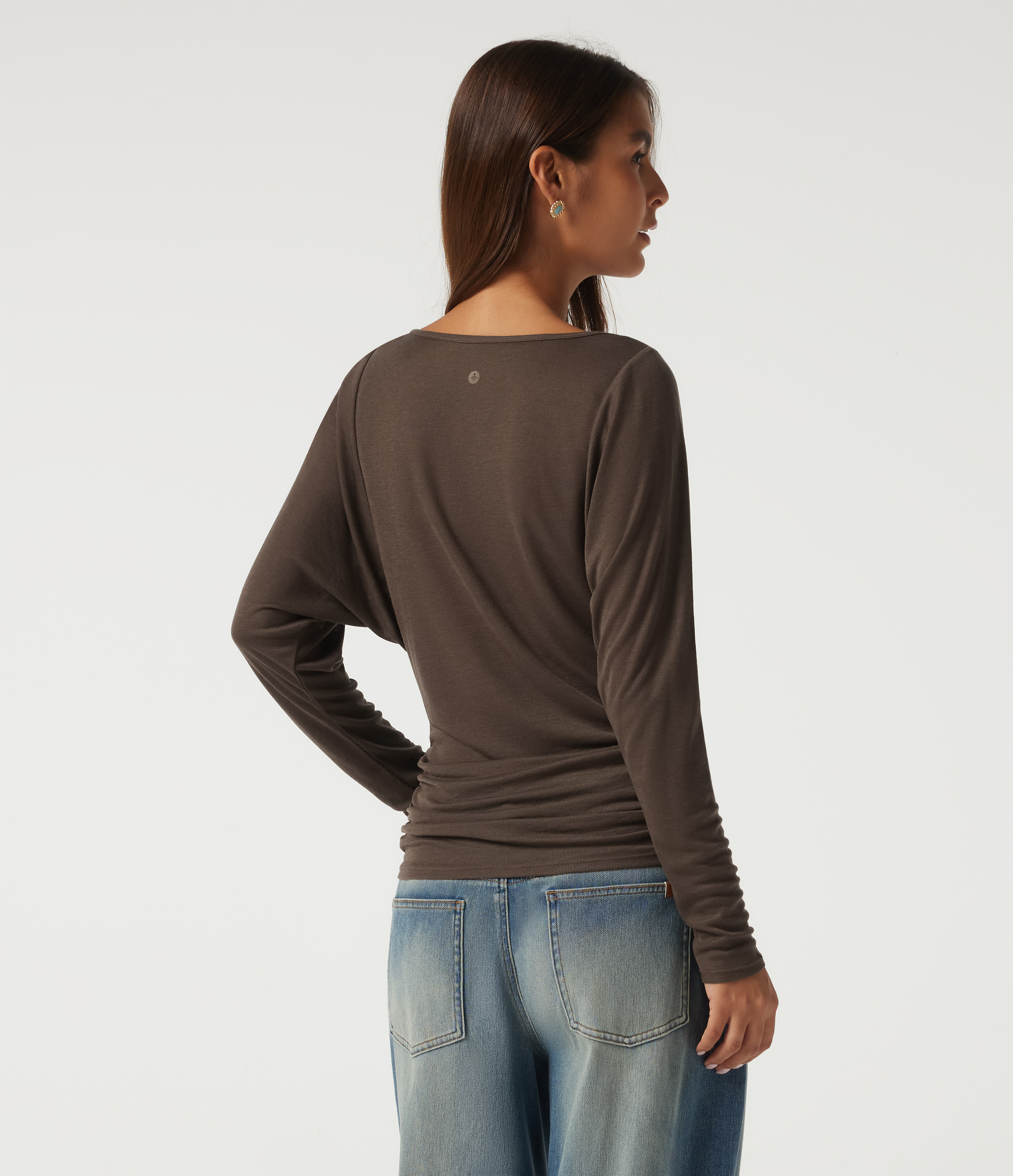 Coffee Quartz Top ajusté en maille Structure Knit à col rond et manches chauve-souris / 2